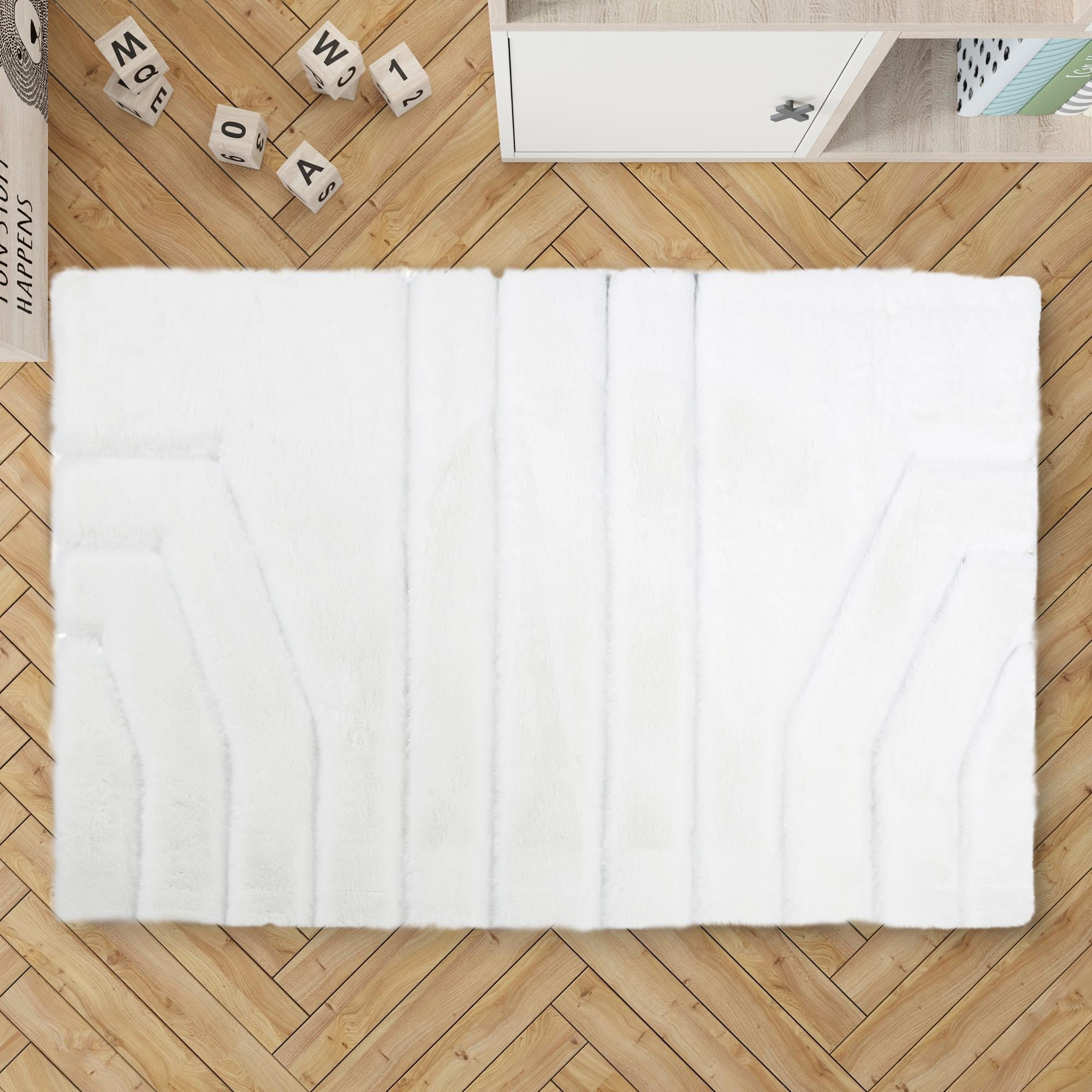 Fluffy White Plush Rug, Handmade Living Room Carpet