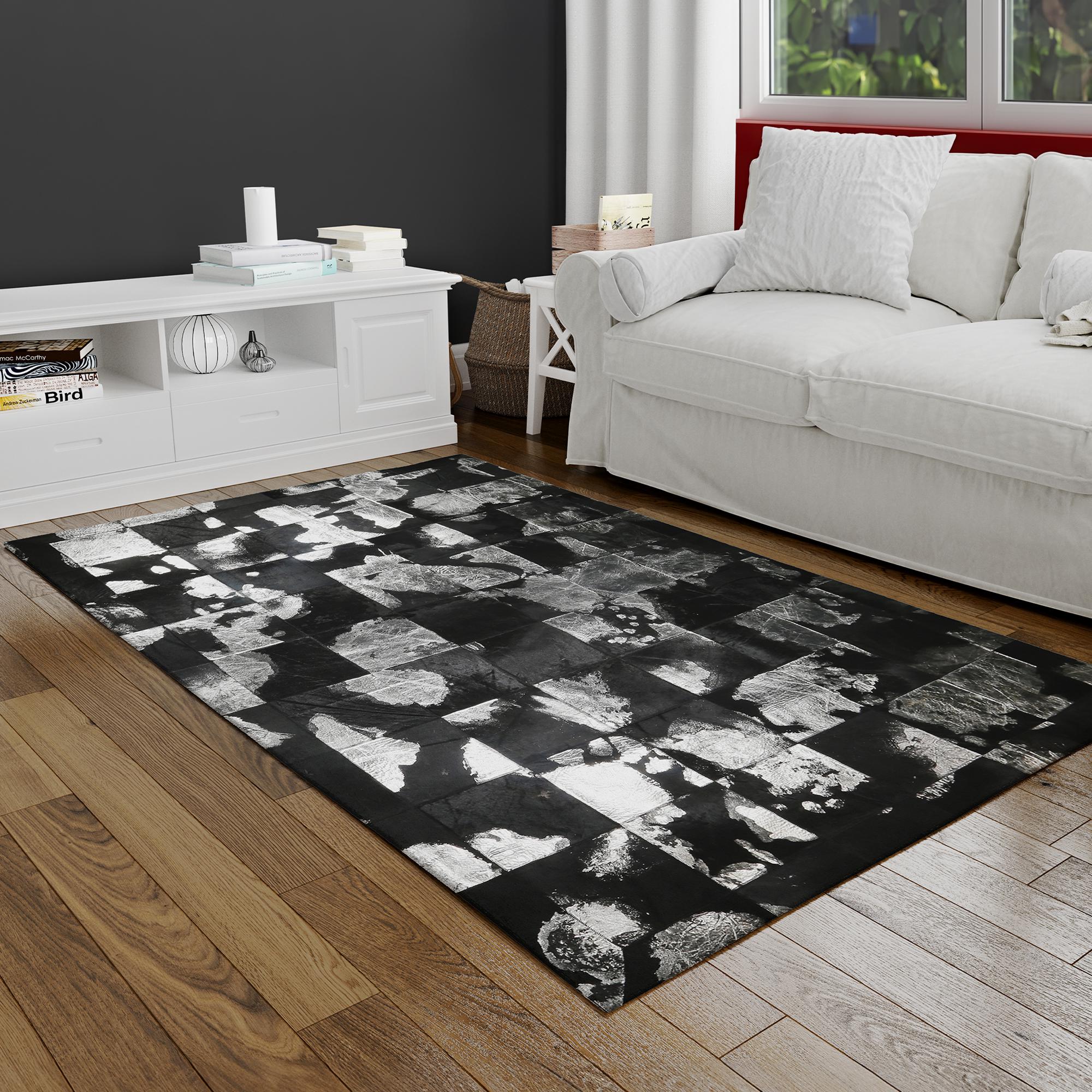 Black Cowhide & Silver Leaf Patchwork Rug, Luxury Living Room Area Rug