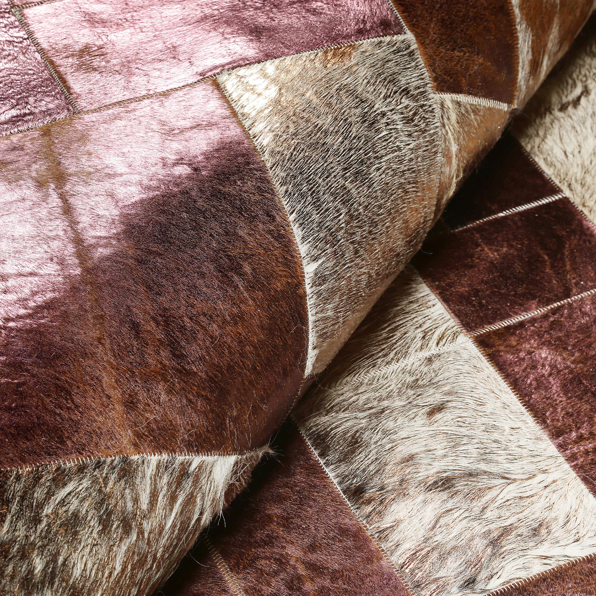 Bronze & Pink Leaf Cowhide Patchwork Rug