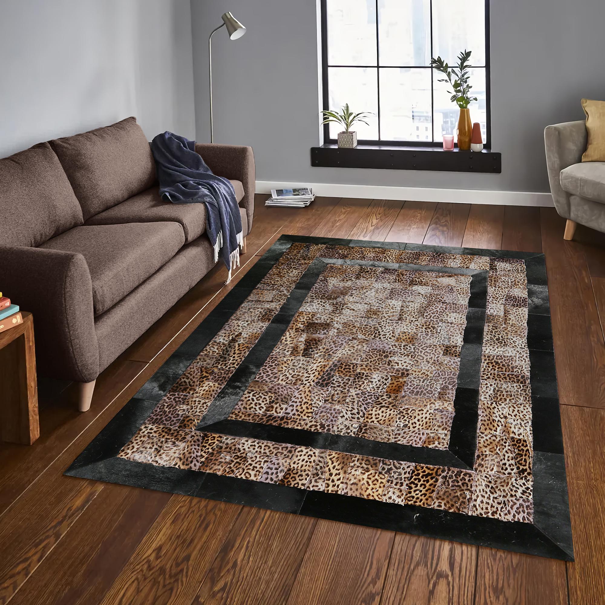 Luxury Cowhide Patchwork Rug – Leopard Print Leather Carpet with Bold Black Border, Custom Size