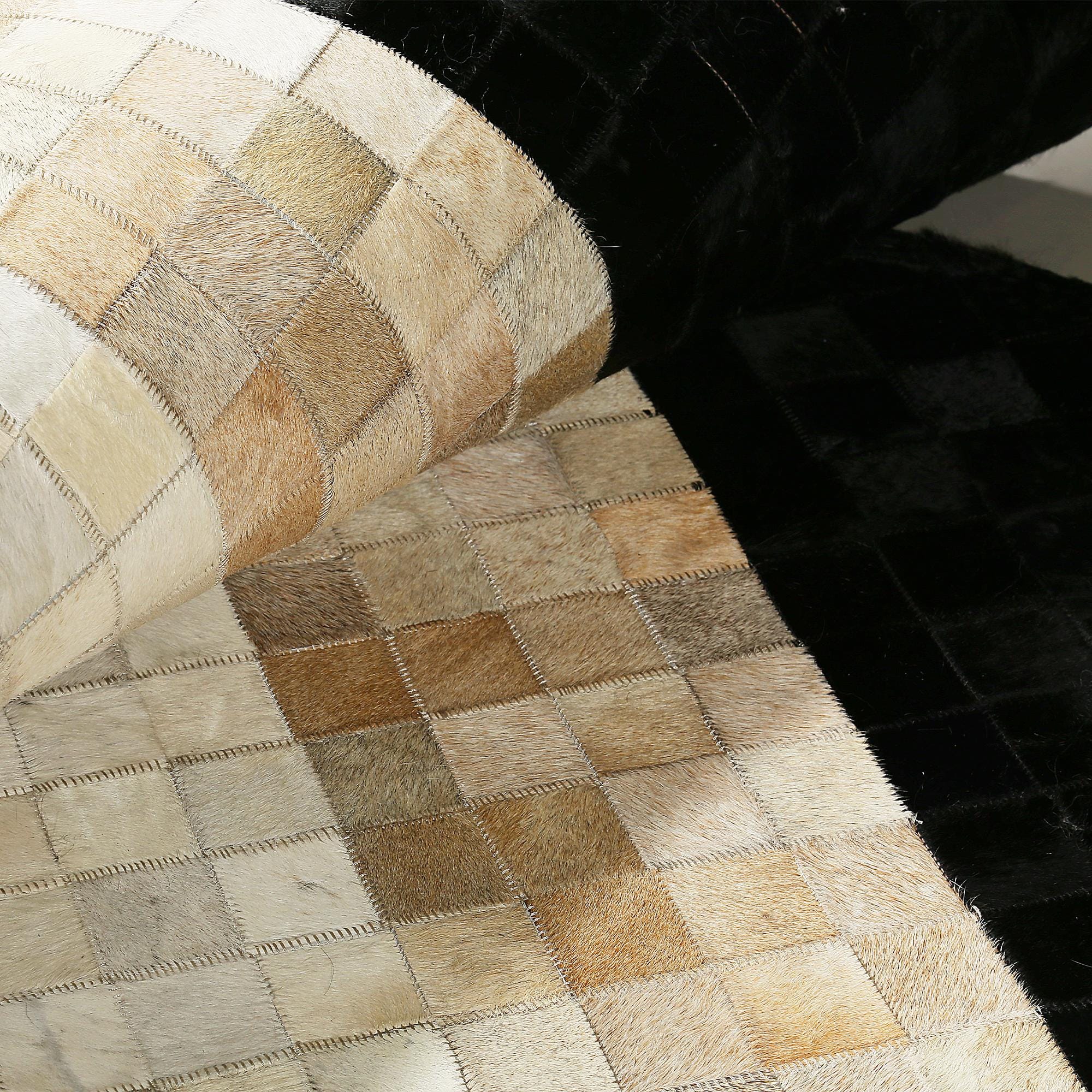Beige & Black Cowhide Square Pattern Patchwork Rug