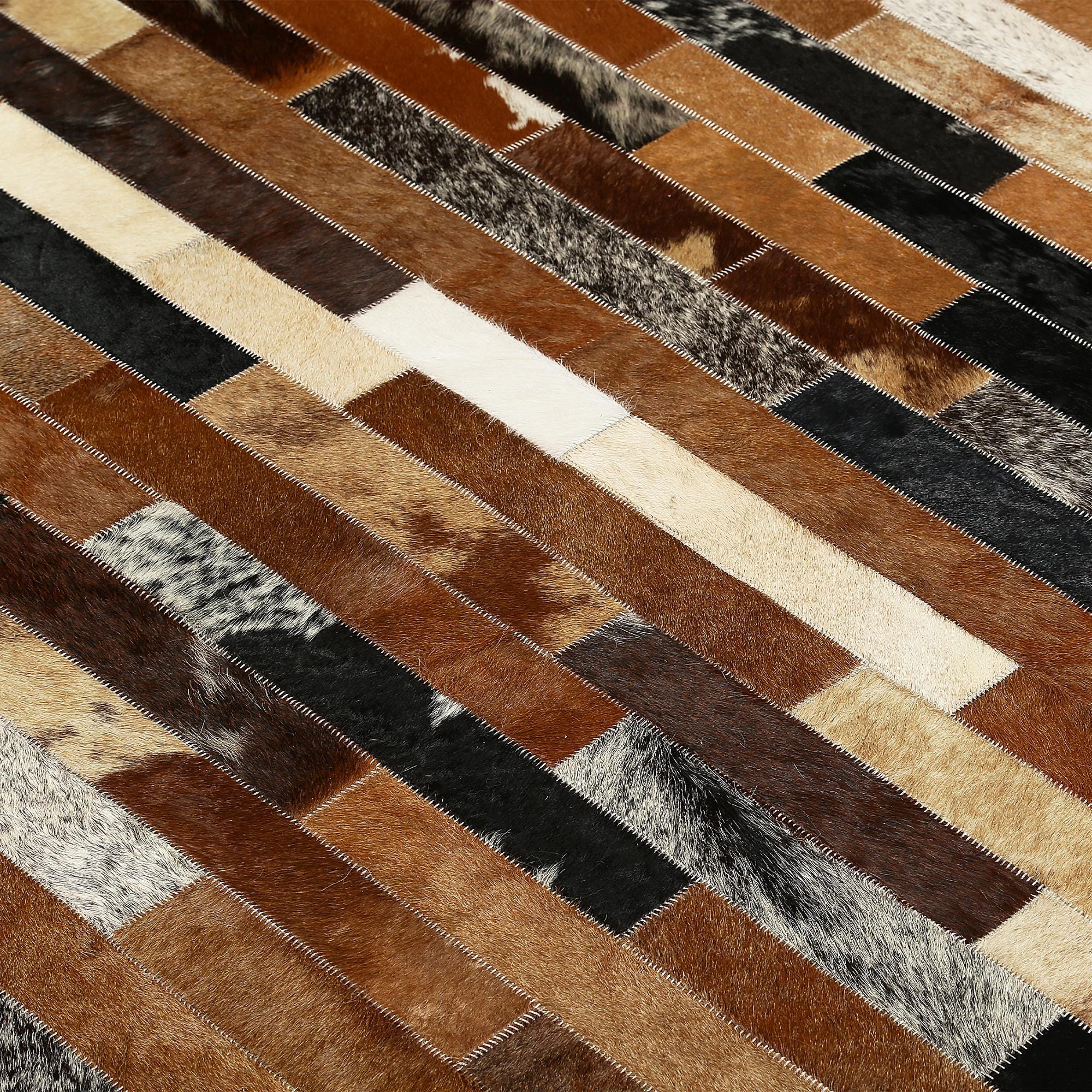 Brown Brick Pattern Patchwork Cowhide Rug, Handmade Living Room Carpet