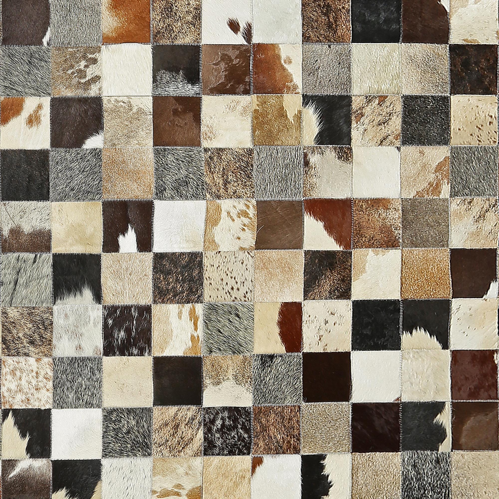 Cow Skin Textured Brown & Cream Checkered Cowhide Rug