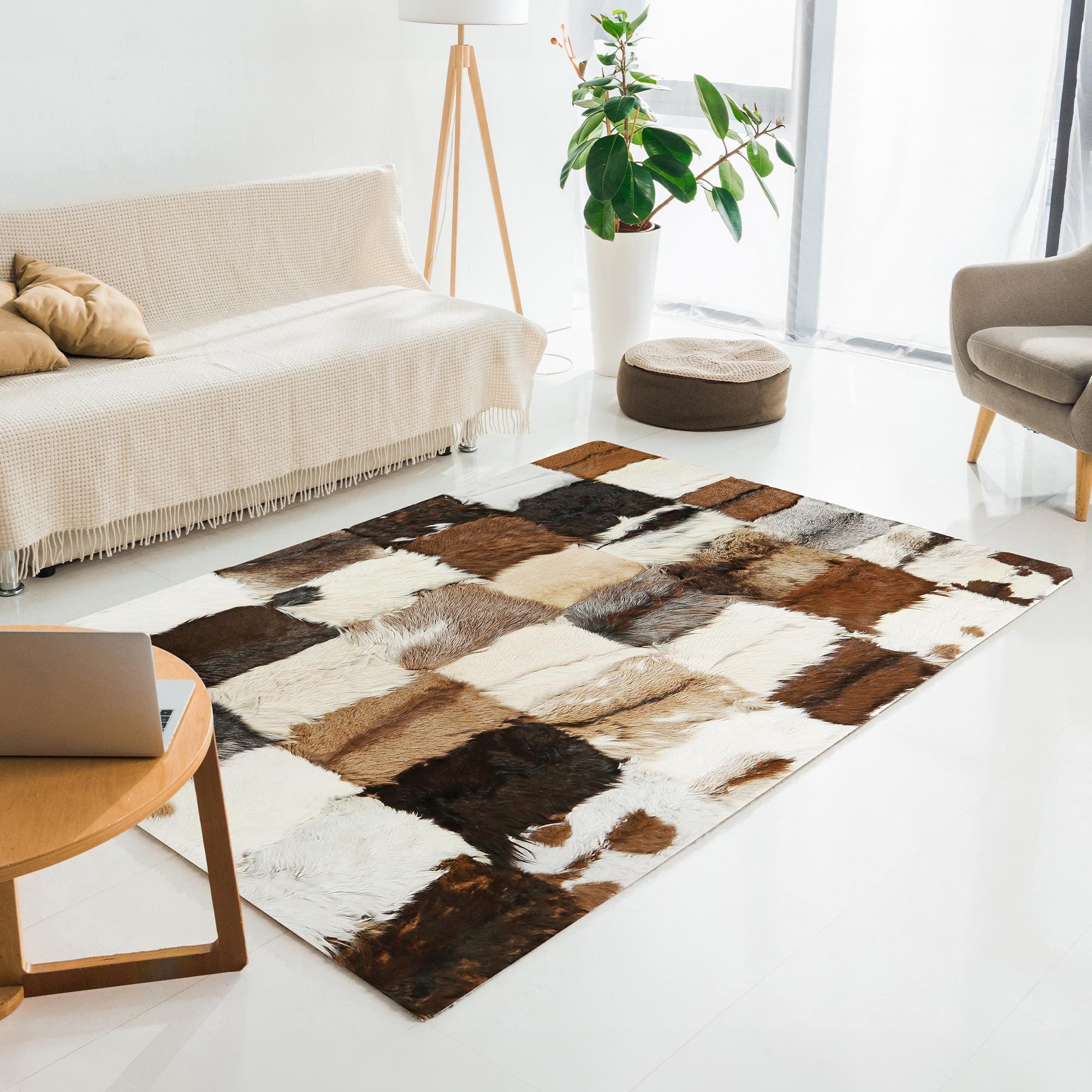 Handmade Cowhide Patchwork Rug – Natural Brown and White Leather Area Rug