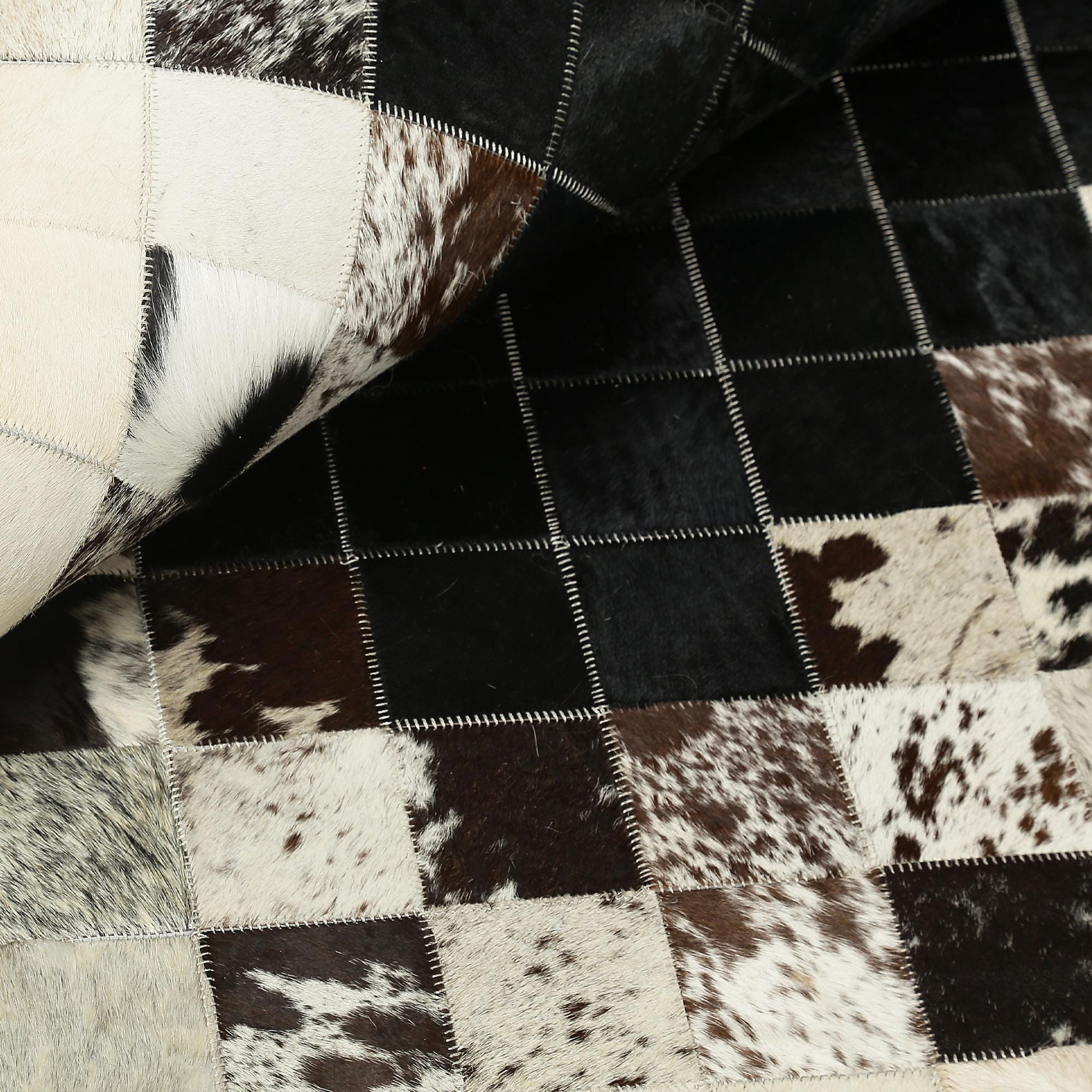 Black & Beige Cow Leather Gradient Design Patchwork Rug