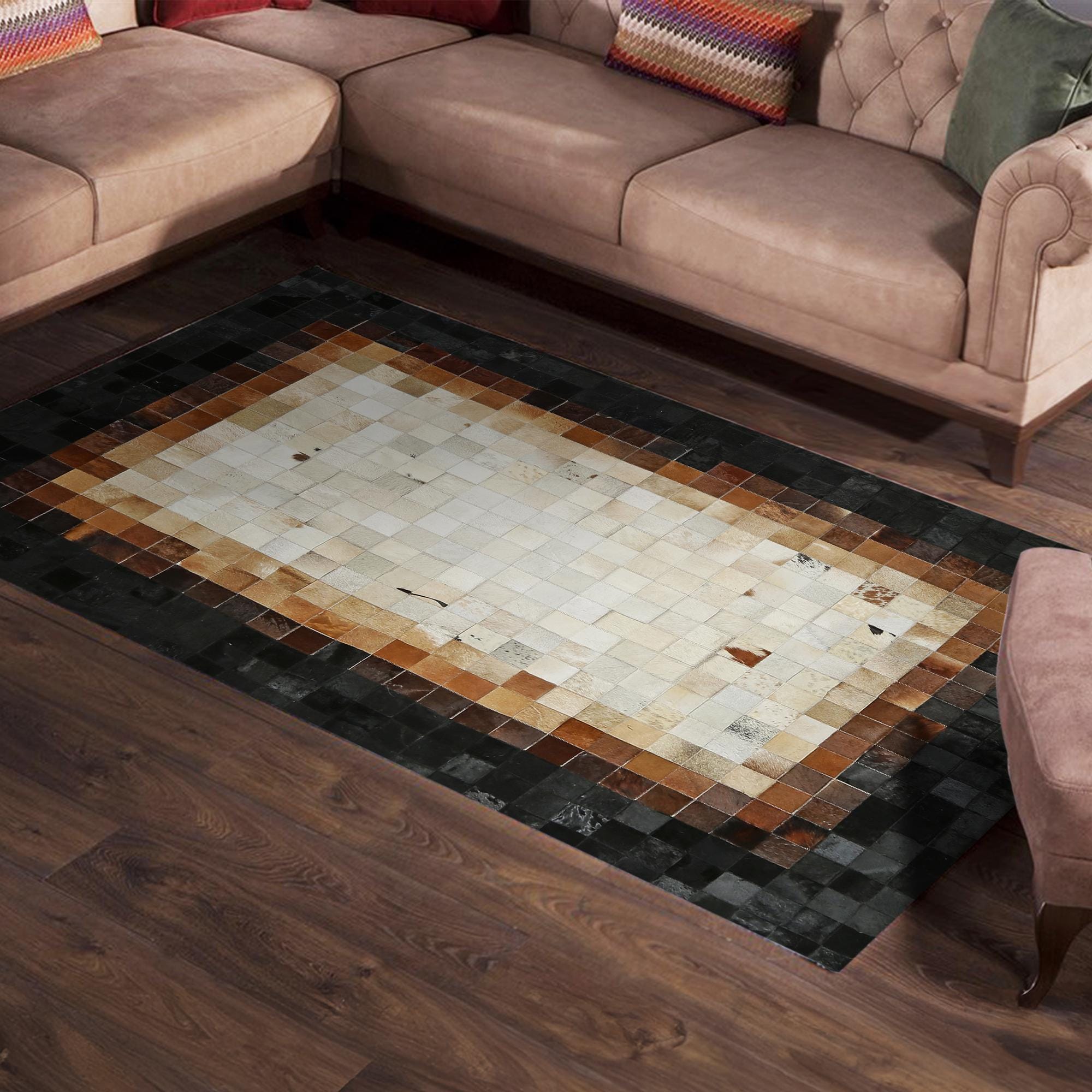 Brown & Beige Patchwork Cowhide Rug with Black Border