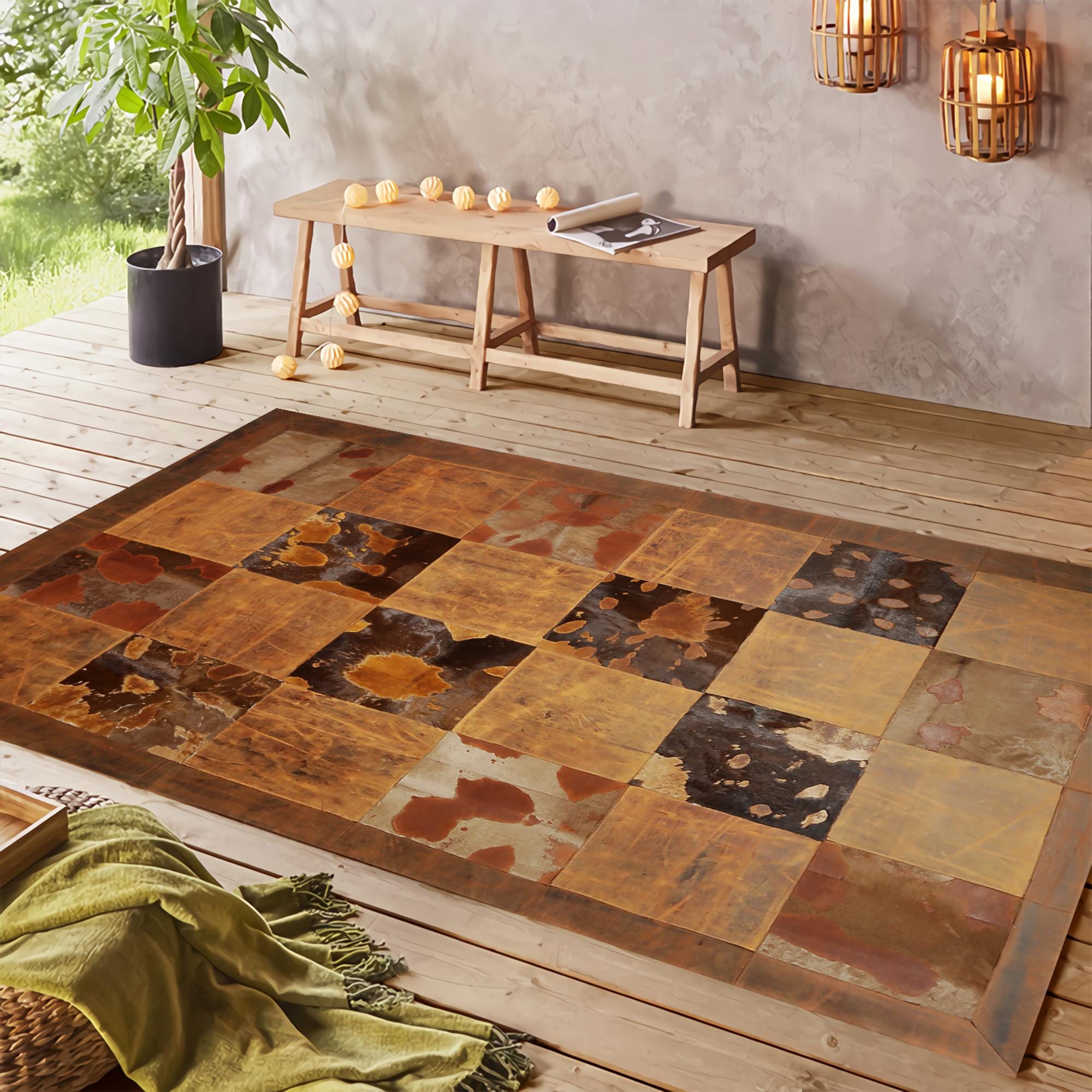 Tan Color Calfskin Patchwork Rug, Handmade Living Room Carpet