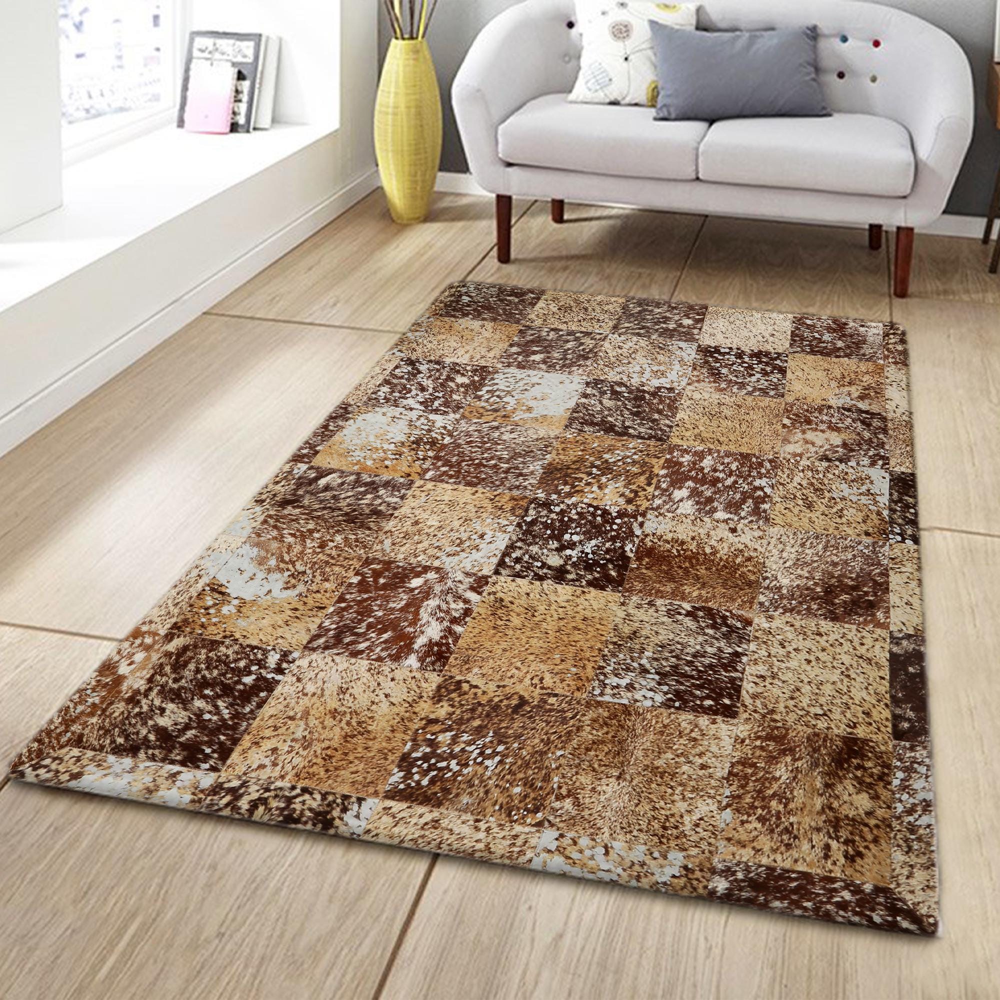 Brown Cow Skin Texture Patchwork Rug, Handmade Living Room Carpet