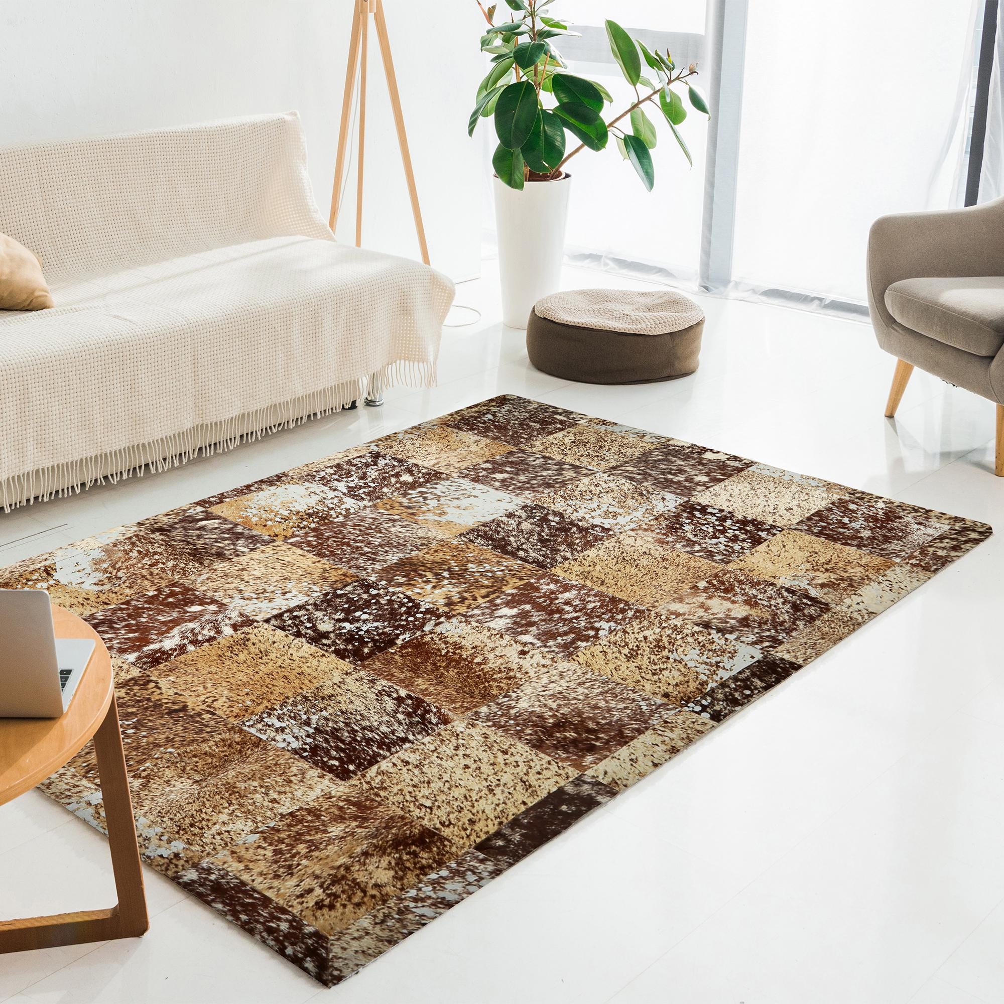 Brown Cow Skin Texture Patchwork Rug, Handmade Living Room Carpet