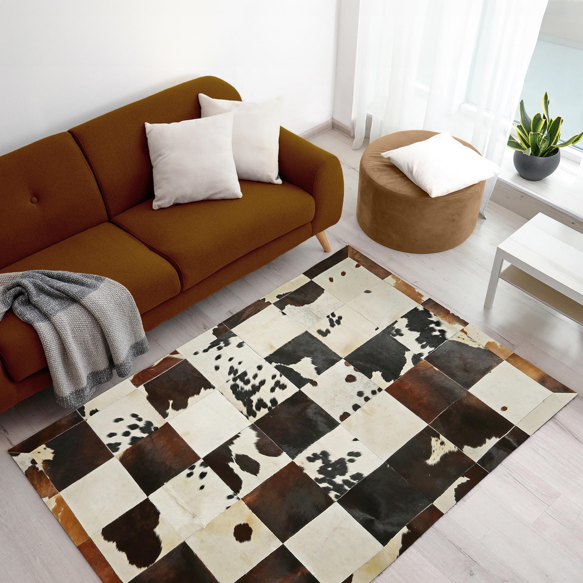 Brown & White Cowhide Patchwork Rug