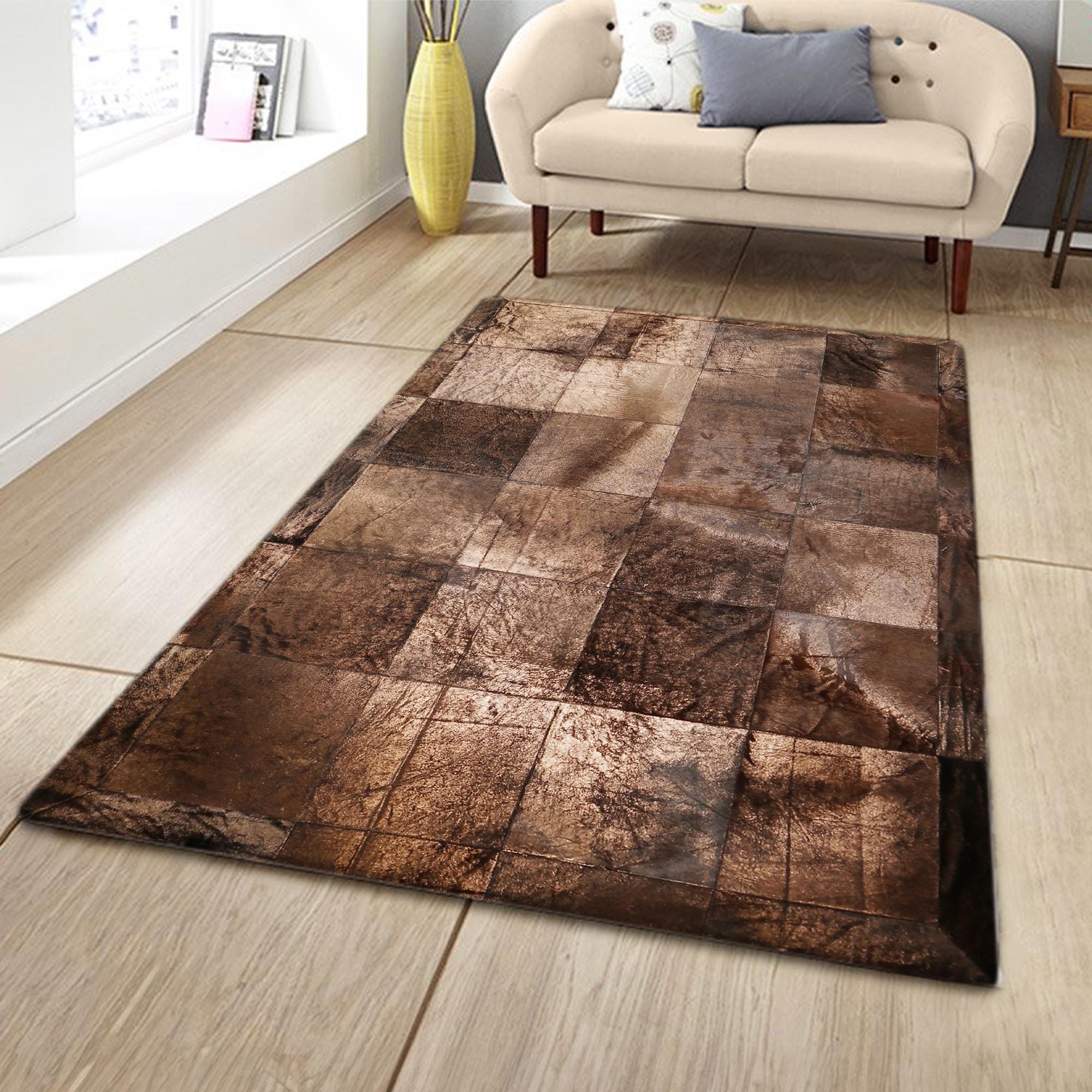Bright Brown Bronze Leaf Cowhide Patchwork Rug, Luxury Living Room Carpet