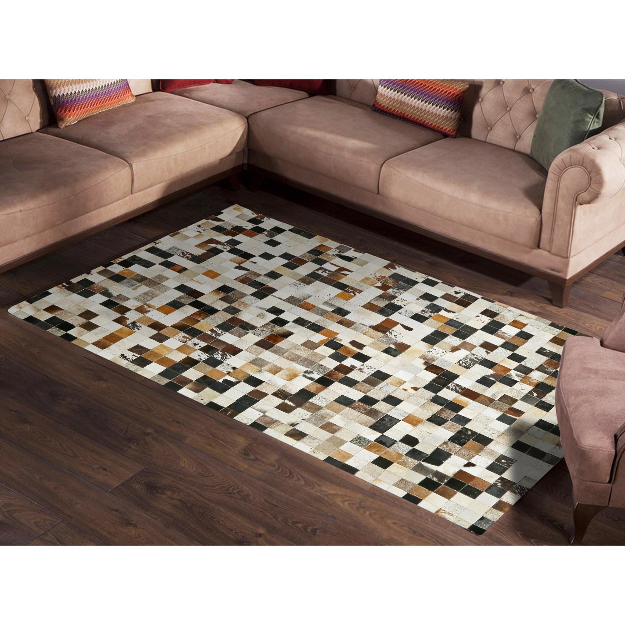 Genuine Cowhide Checkered Patchwork Rug, Handmade Leather Carpet