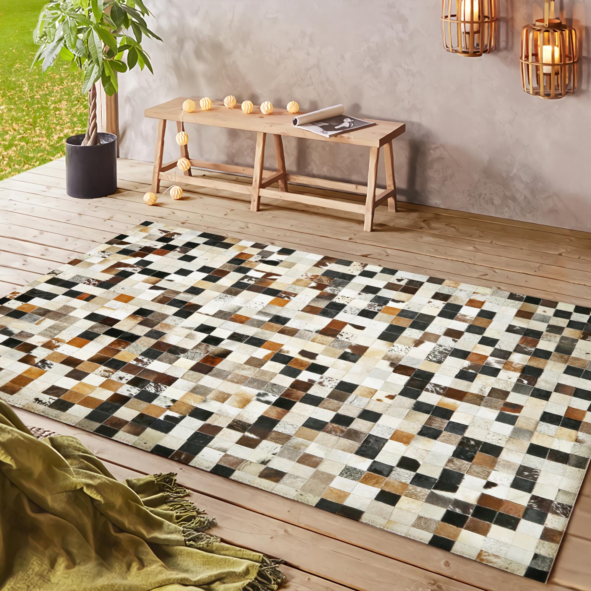 Genuine Cowhide Checkered Patchwork Rug, Handmade Leather Carpet