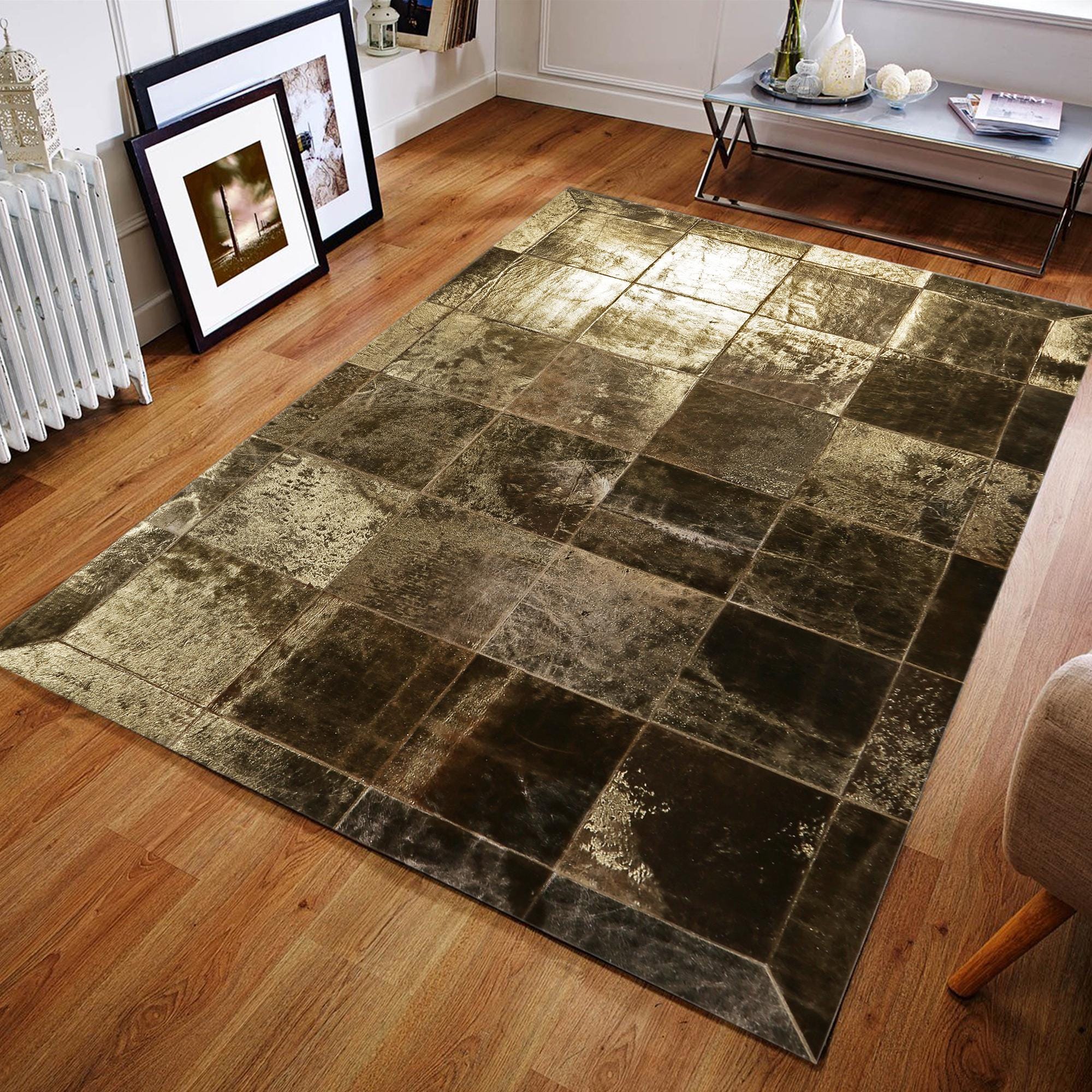 Gold & Bronze Cowhide Patchwork Rug, Luxury Leather Carpet