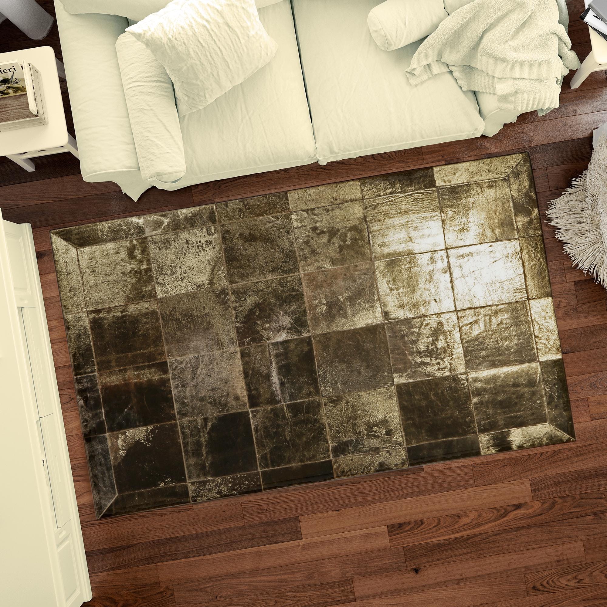 Gold & Bronze Cowhide Patchwork Rug, Luxury Leather Carpet