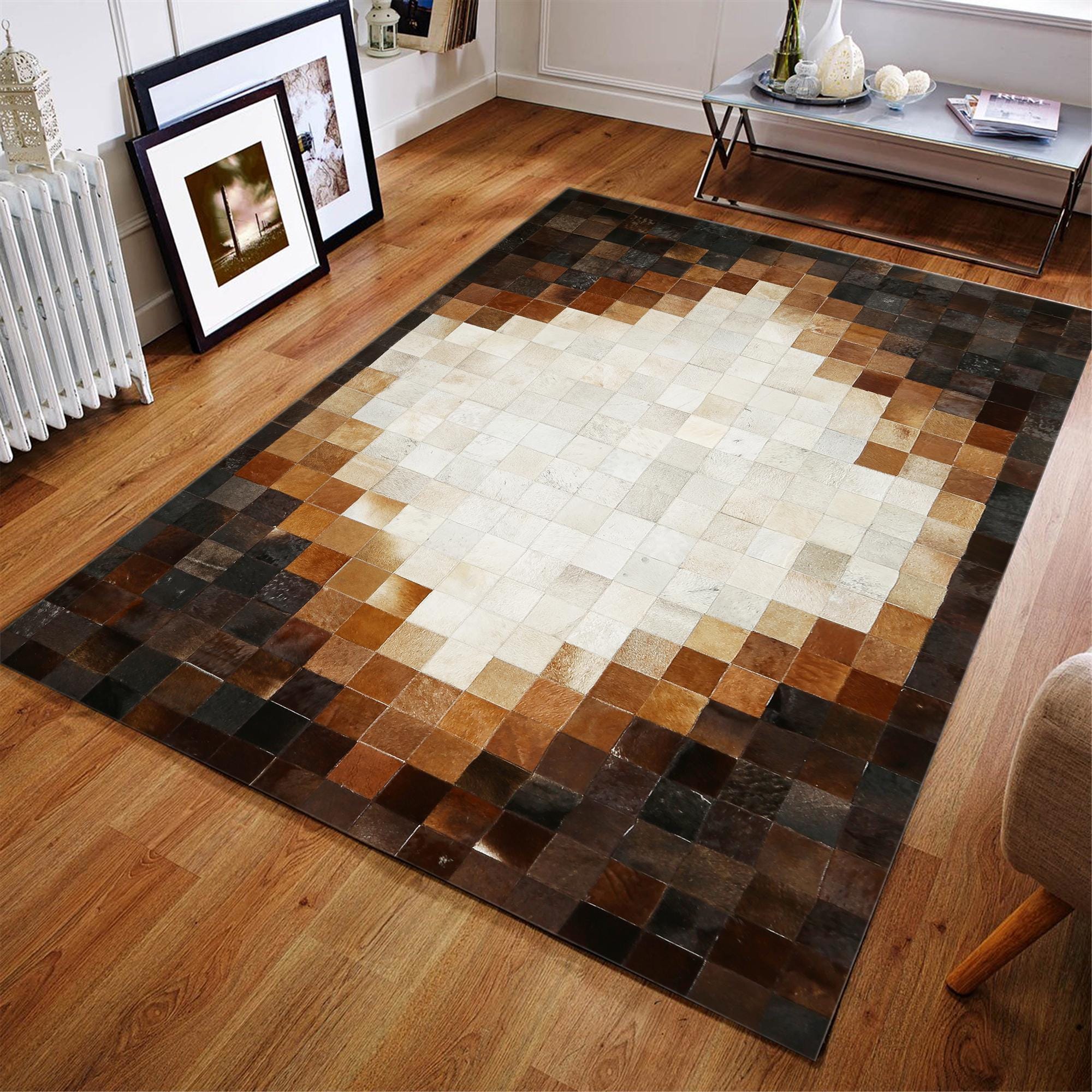 Dark Brown & Beige Cowhide Ombre Patchwork Rug