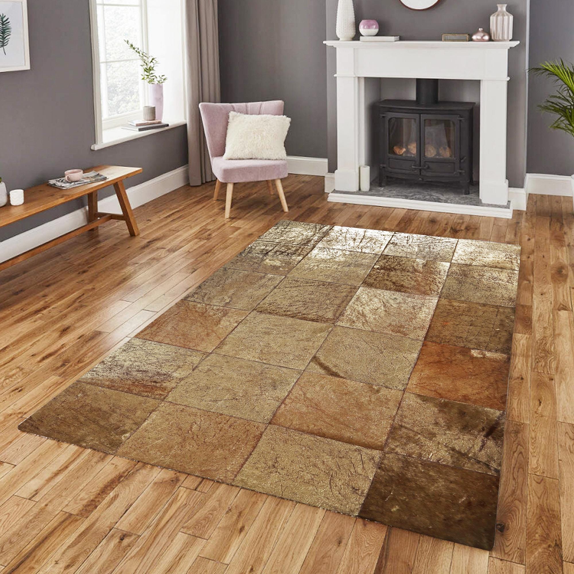 Gold Color Cowhide Patchwork Rug, Luxury Living Room Area Rug