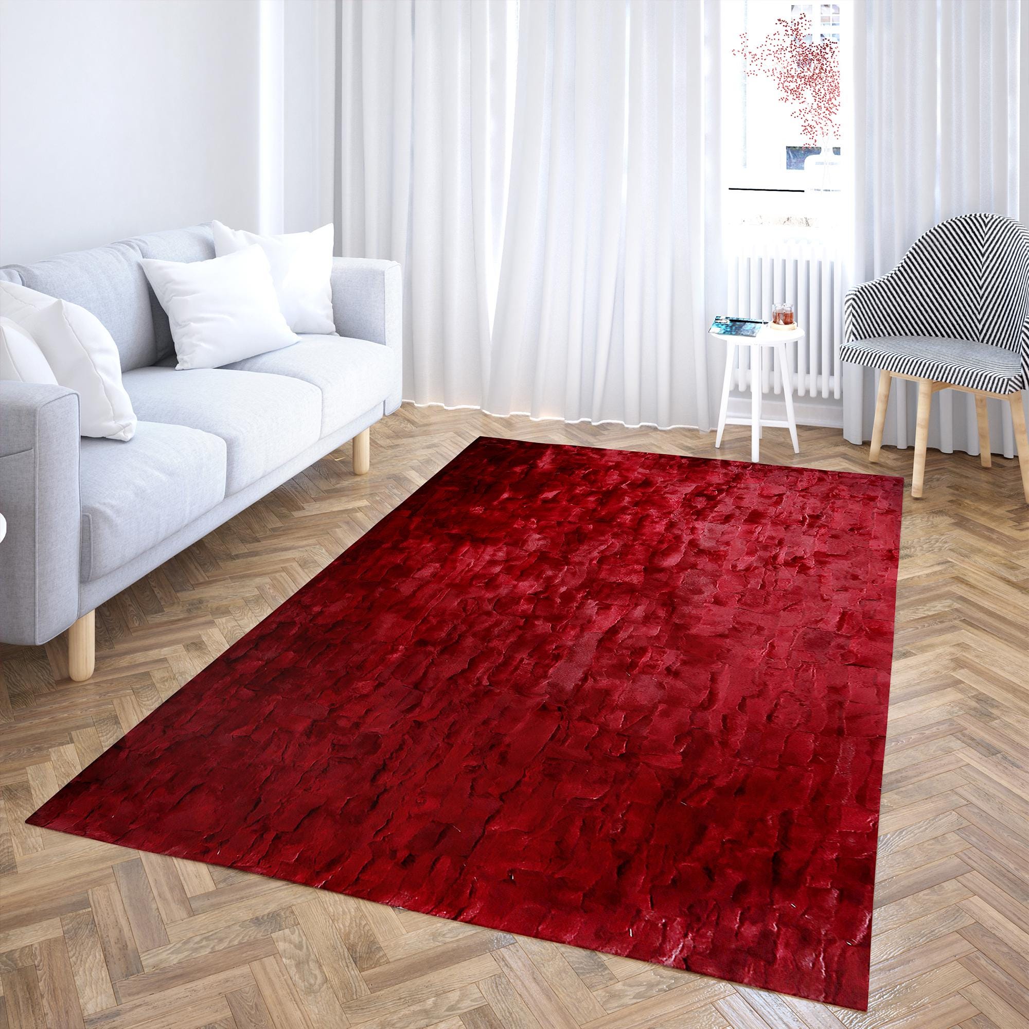 Red Rex Rabbit Fur Rug, Handmade Luxury Soft Carpet for Living Room and Bedroom