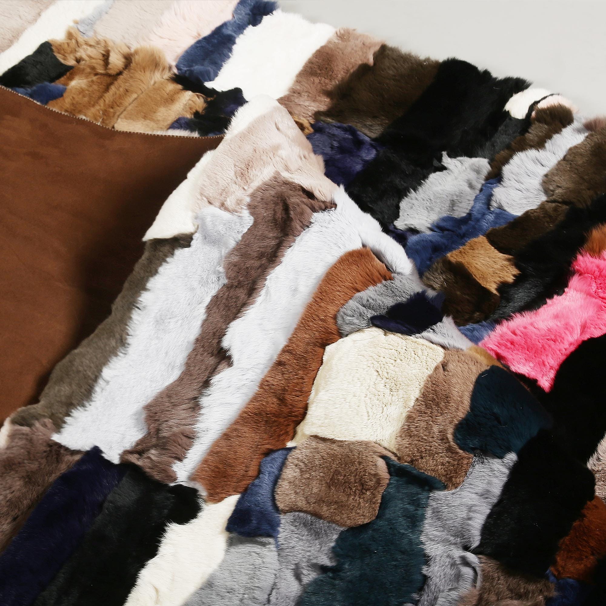 Luxury Multicolor Rabbit Fur Rug – Genuine Handmade Patchwork Carpet for Modern Living Rooms