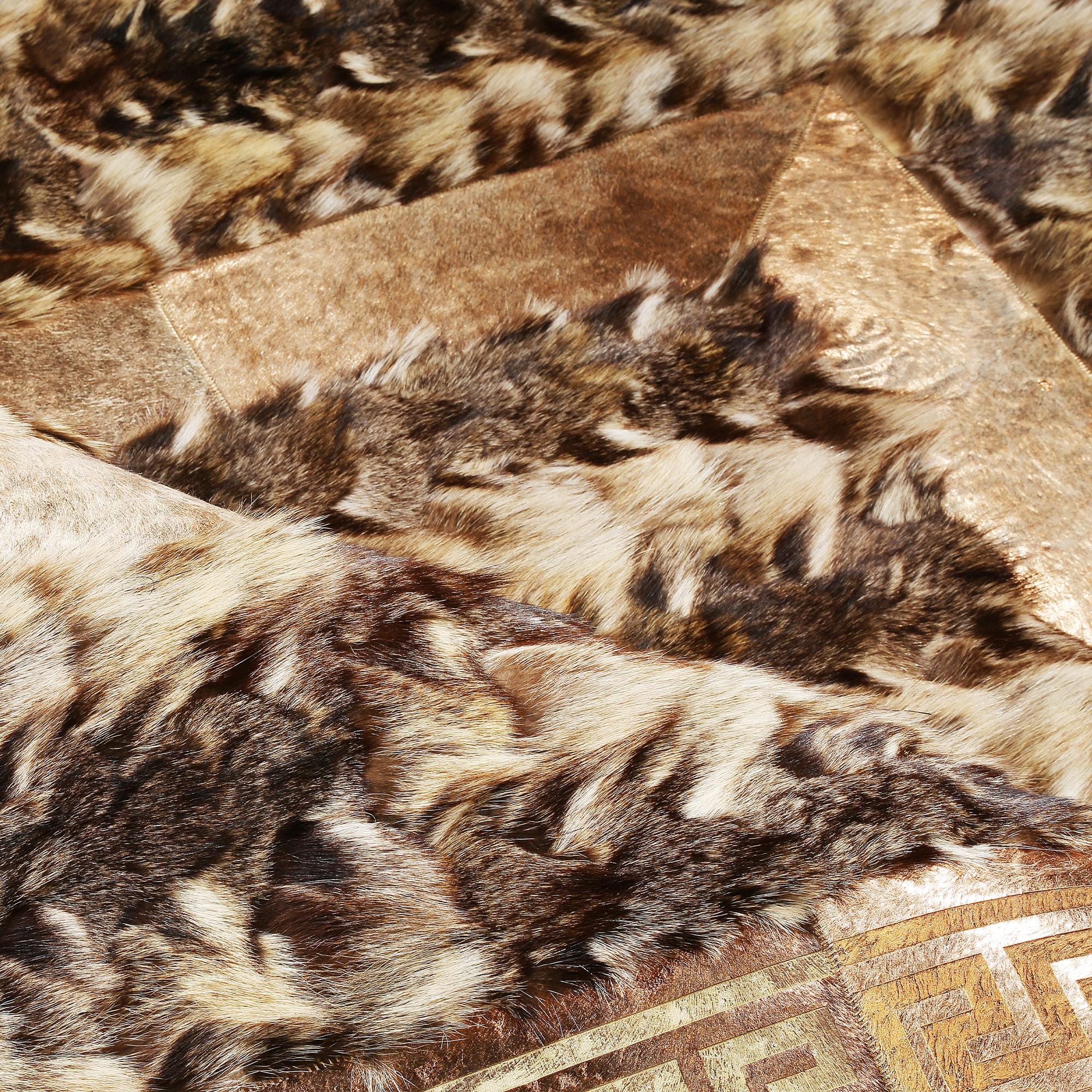 Natural Fox Fur Rug – Handmade Luxury Fur Carpet with Greek Border, Brown Beige Decorative Living Room Rug, Custom Size Unique Accent