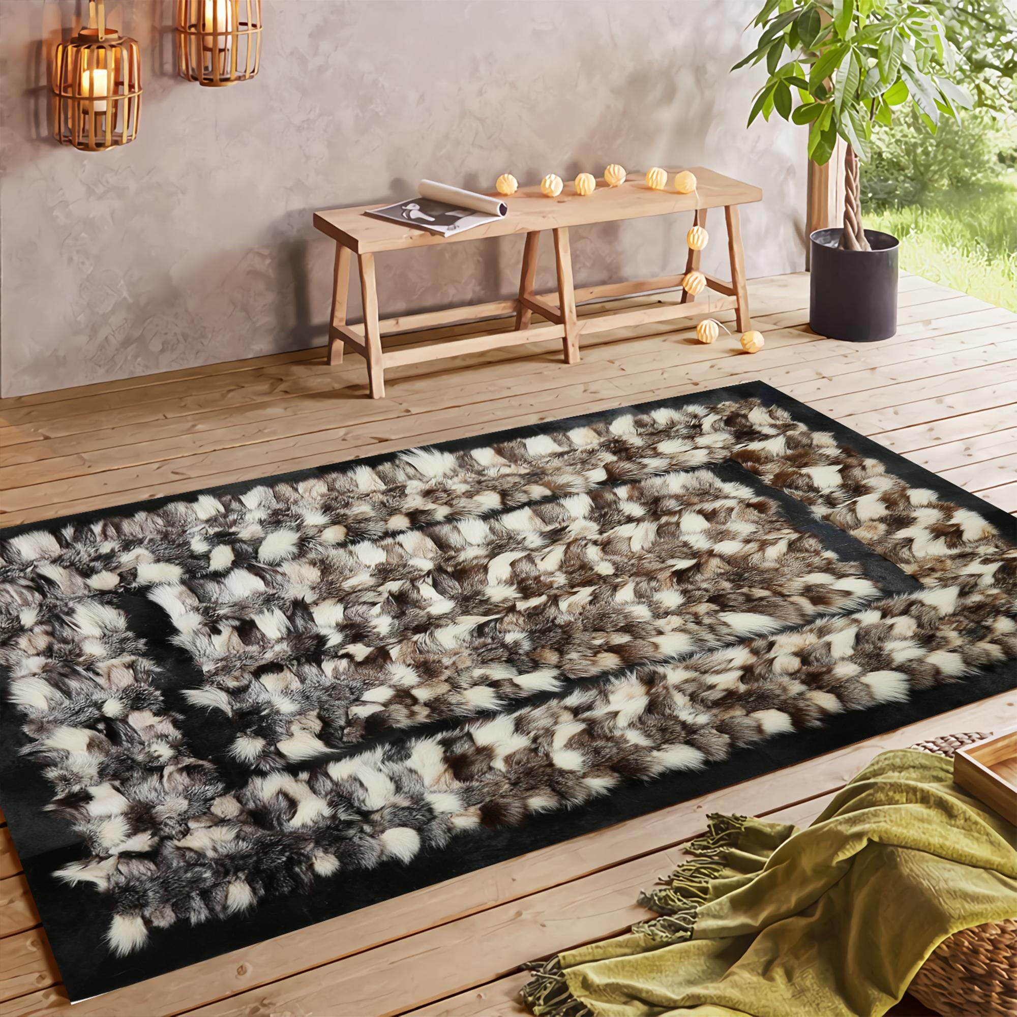 Natural Fox Fur Rug with Black Border, Handmade Luxury Real Fur Carpet