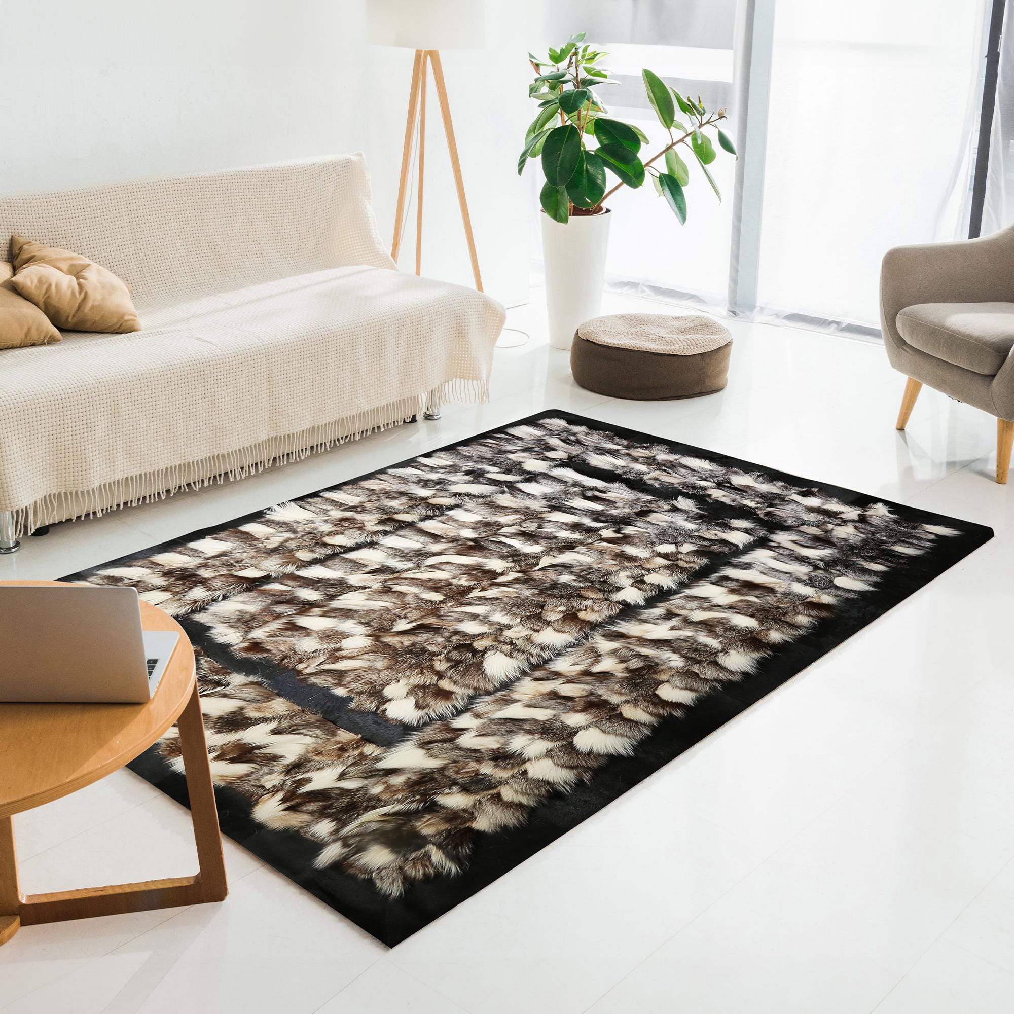 Natural Fox Fur Rug with Black Border, Handmade Luxury Real Fur Carpet