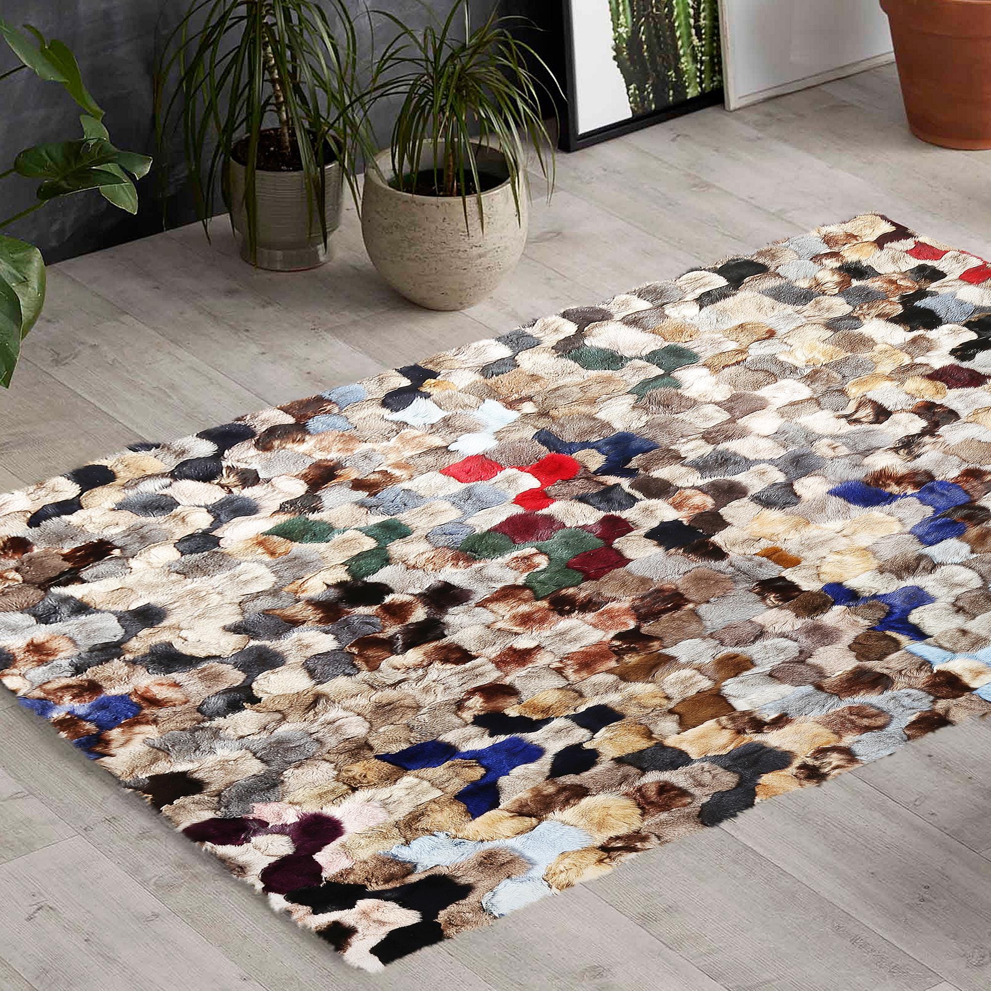 Multicolor Fox Fur Patchwork Rug, Handmade Natural Fur Carpet, Luxury Custom Size Soft Area Rug for Living Room