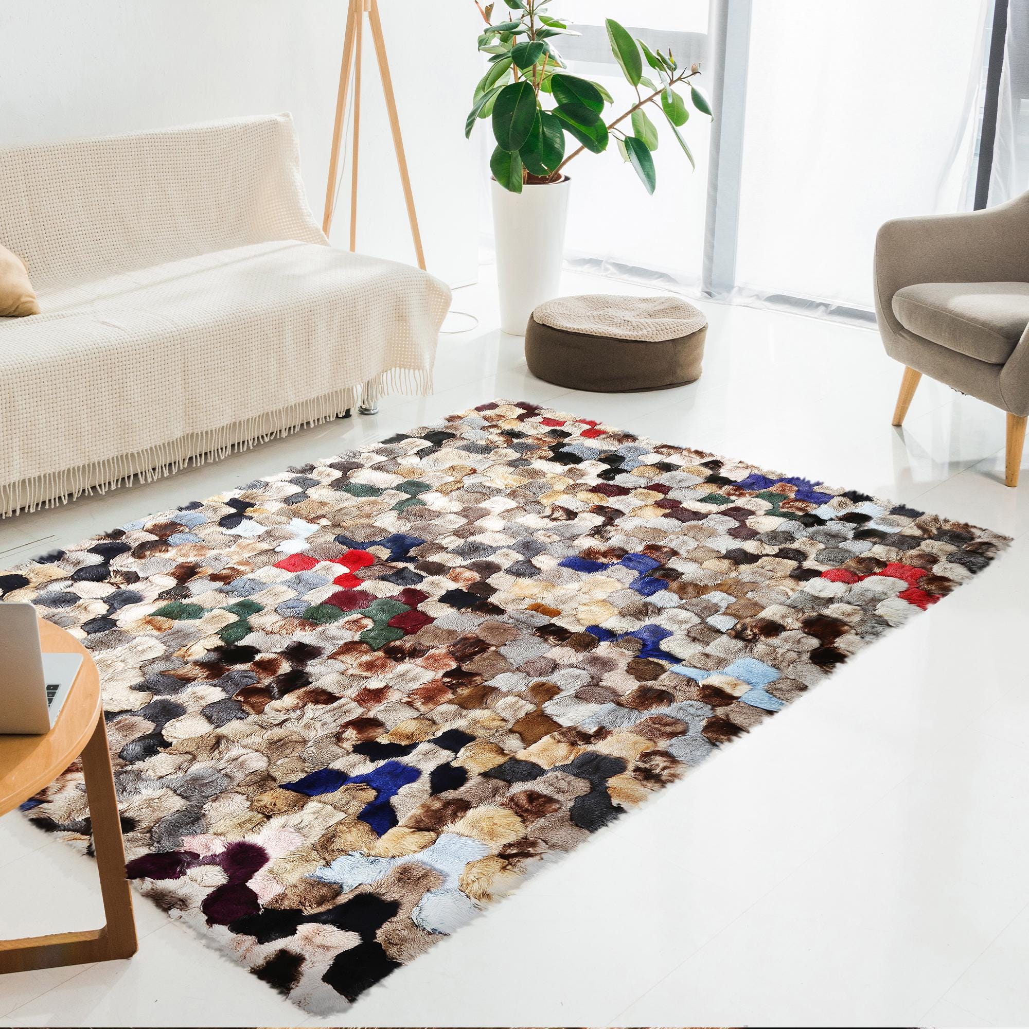 Multicolor Fox Fur Patchwork Rug, Handmade Natural Fur Carpet, Luxury Custom Size Soft Area Rug for Living Room