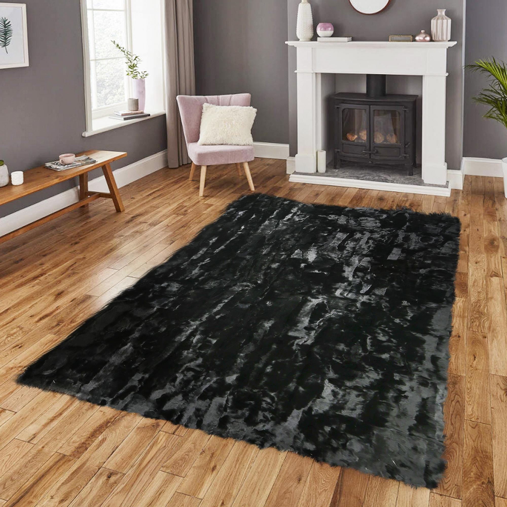 Luxury Black Rabbit Fur Rug – Genuine Handmade Soft Carpet for Living Room & Bedroom