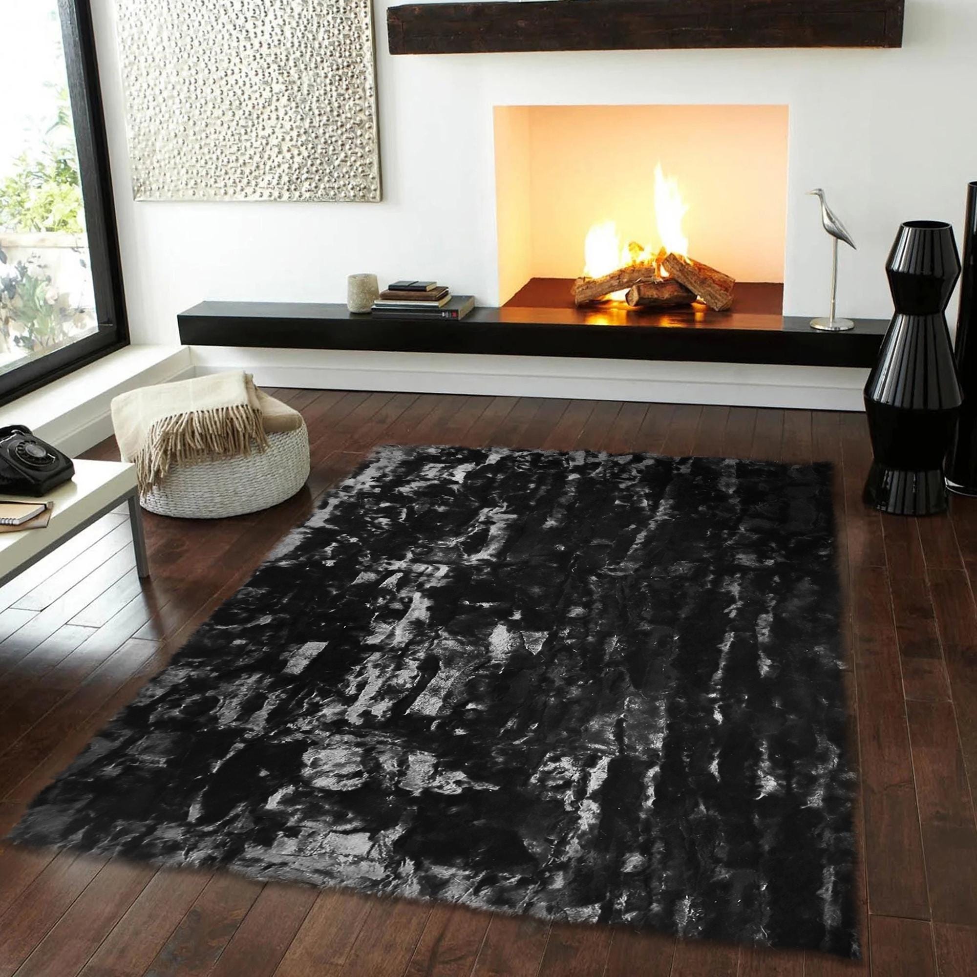Luxury Black Rabbit Fur Rug – Genuine Handmade Soft Carpet for Living Room & Bedroom