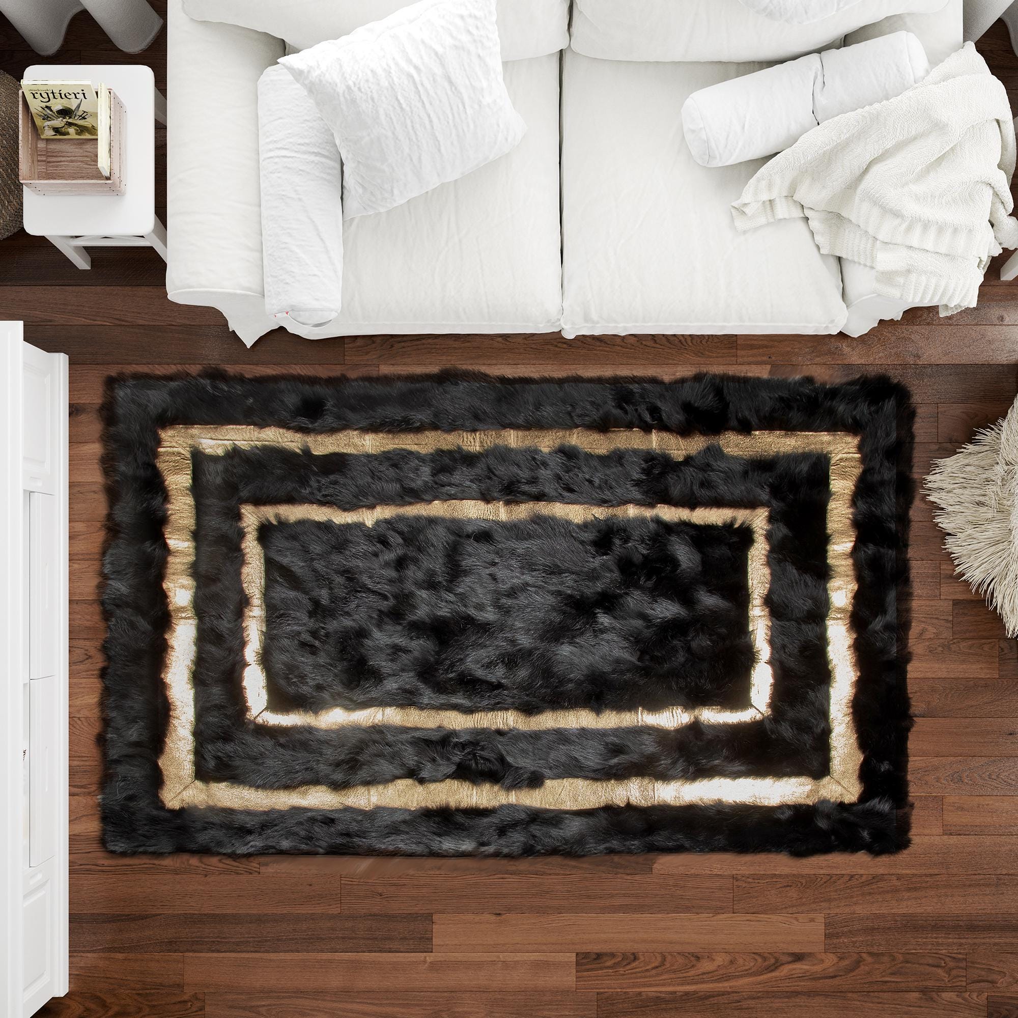 Black Tuscan Rectangular Rug with Gold Borders – Handmade Genuine Tuscan Fur Carpet, Luxury Custom Size Living Room Rug, Elegant Black Gold Decor