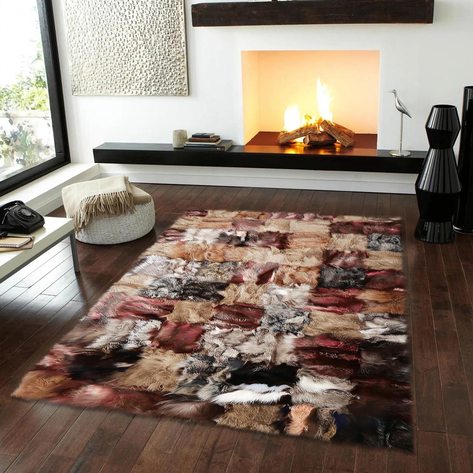 Natural Fox Fur Patchwork Rug, Handmade Luxury Multicolor Fur Carpet, Custom Size Soft Area Rug for Living Room