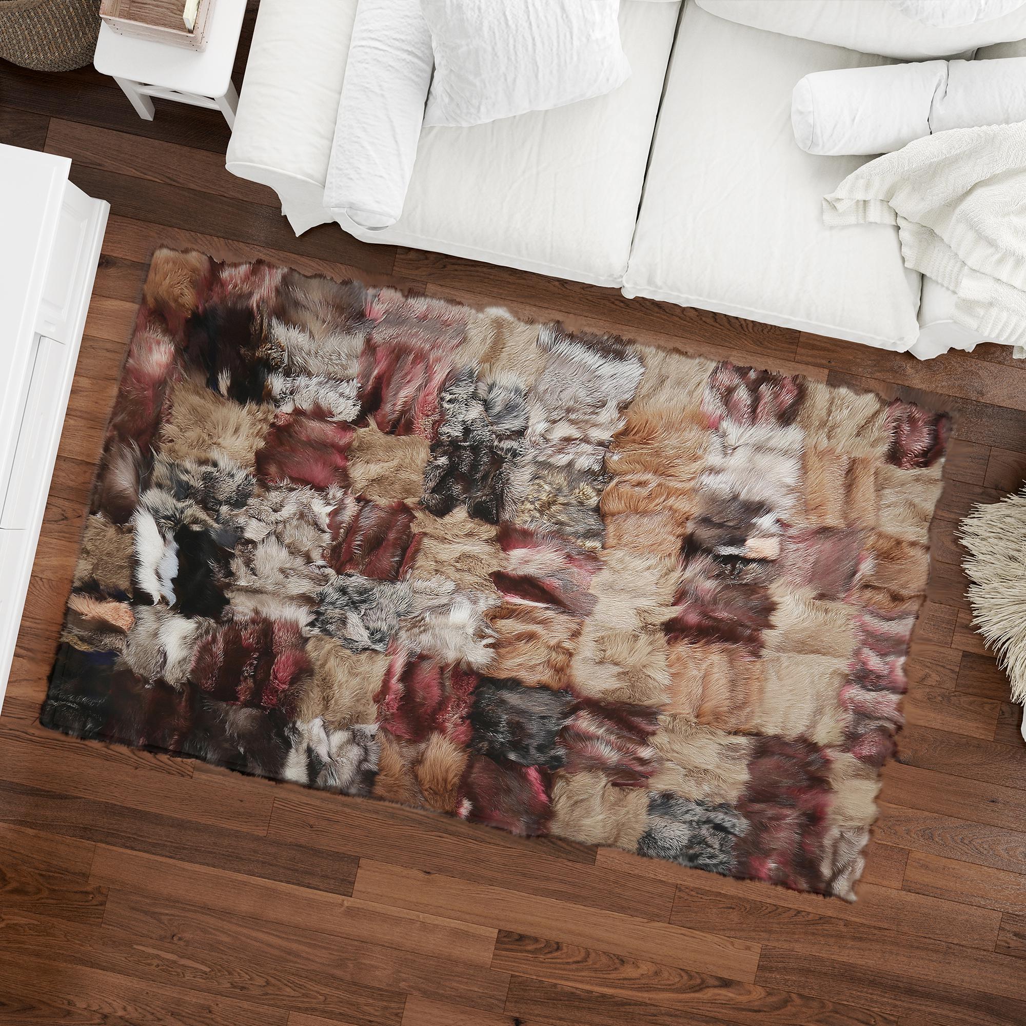 Natural Fox Fur Patchwork Rug, Handmade Luxury Multicolor Fur Carpet, Custom Size Soft Area Rug for Living Room