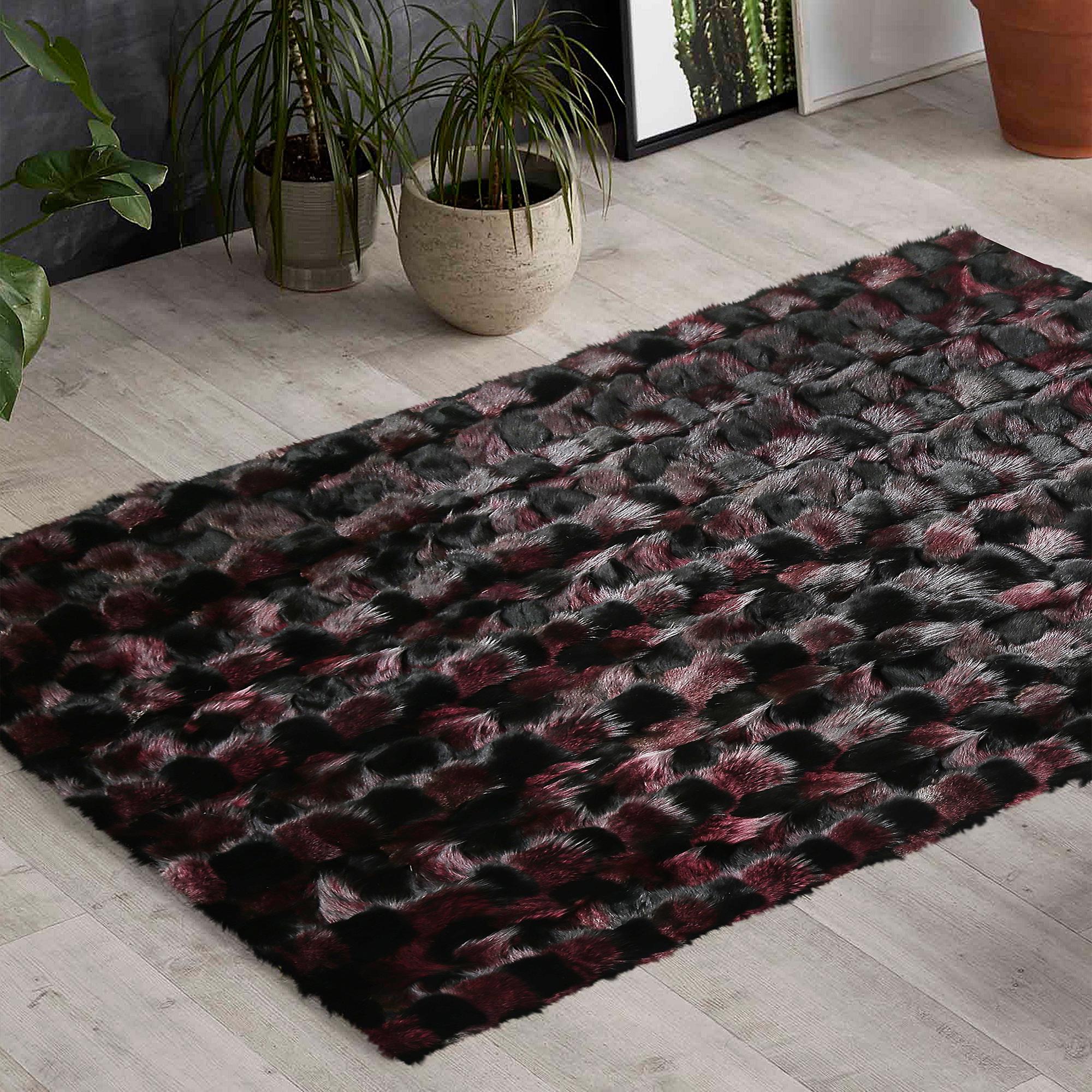 Black and Burgundy Fox Fur Rug, Handmade Natural Fur Carpet, Luxury Soft Area Rug for Living Room, Custom Size Fur Rug