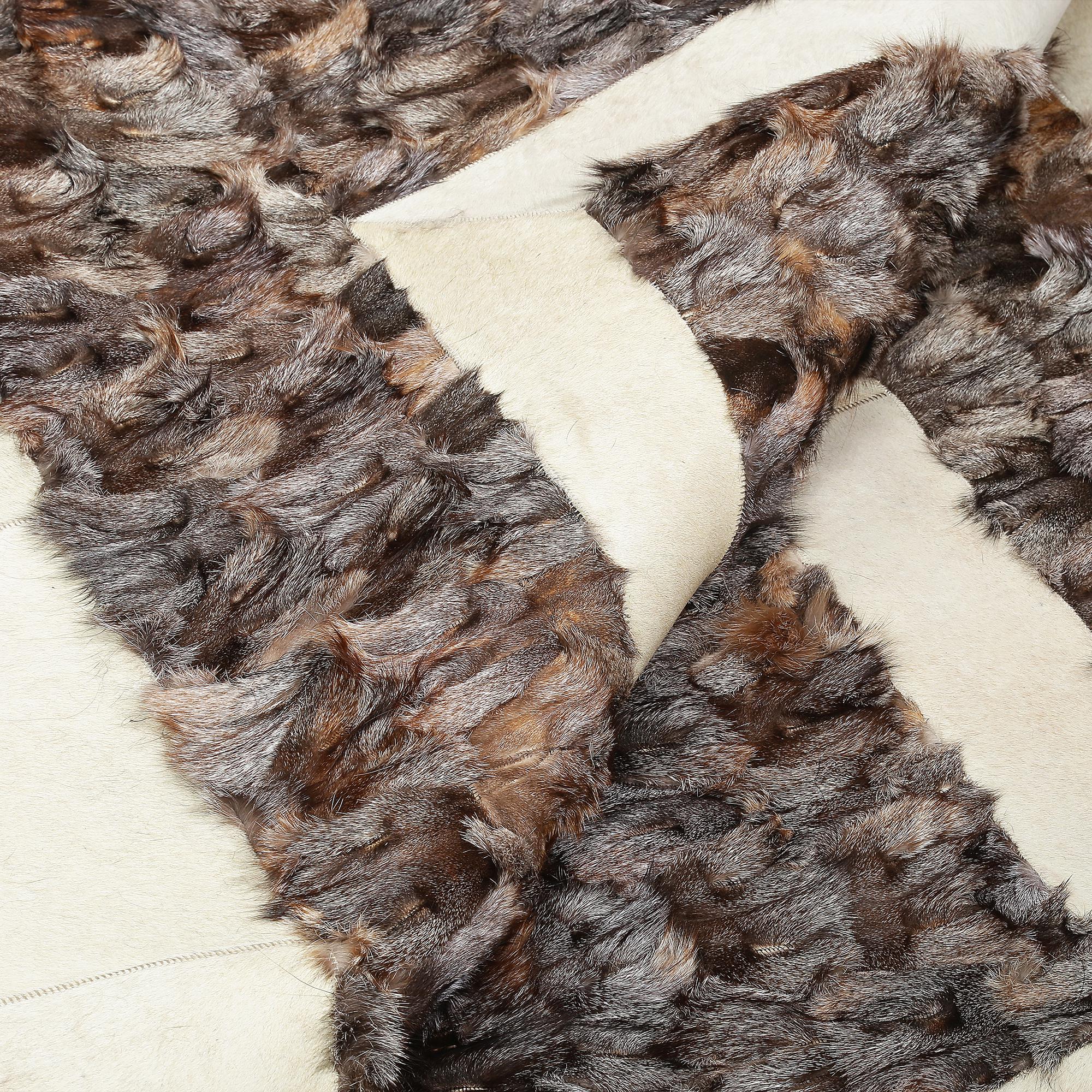 Brown and White Tuscan Rectangular Rug – Handmade Genuine Tuscan Fur Carpet, Luxury Custom Size Living Room Rug, Elegant Two Tone Decor