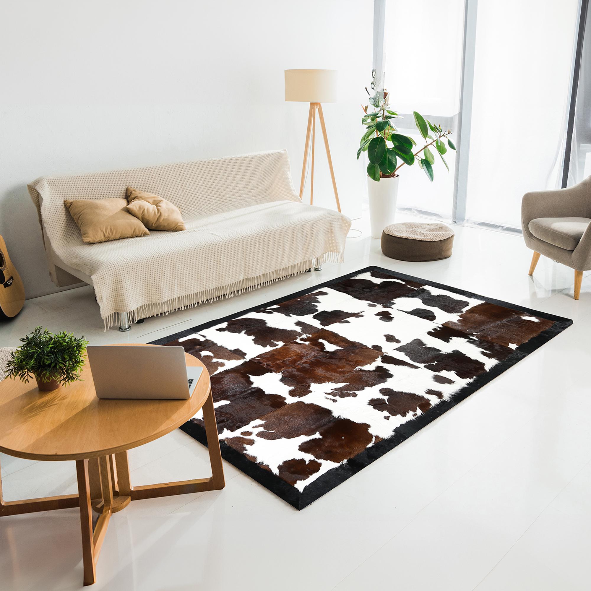 Tricolor Natural Cowhide Patchwork Rug, Handmade Living Room Carpet