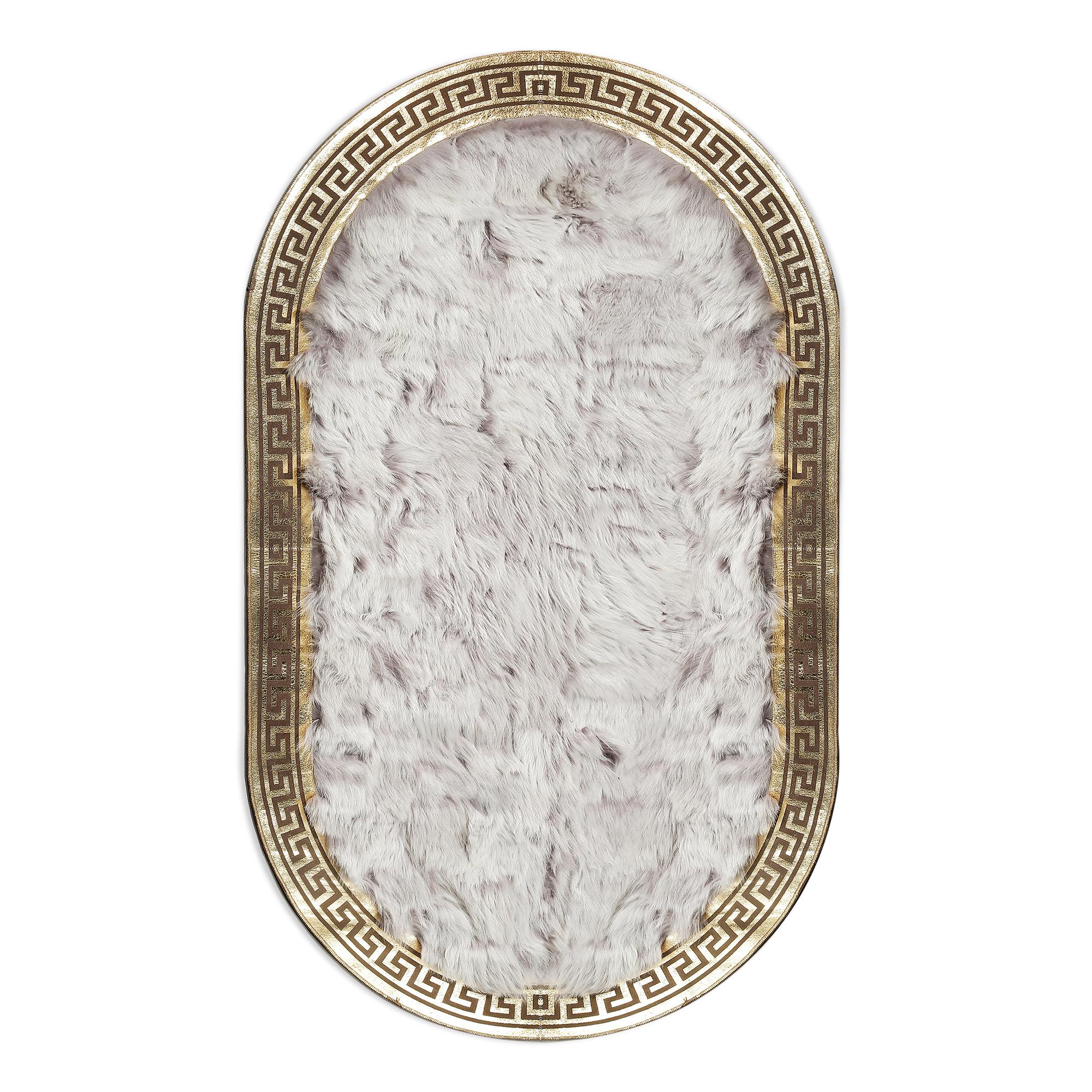 Gray Tuscan Oval Rug – Handmade Genuine Tuscan Fur Carpet with Gold Border, Luxury Custom Size Oval Living Room Rug, Elegant Decor