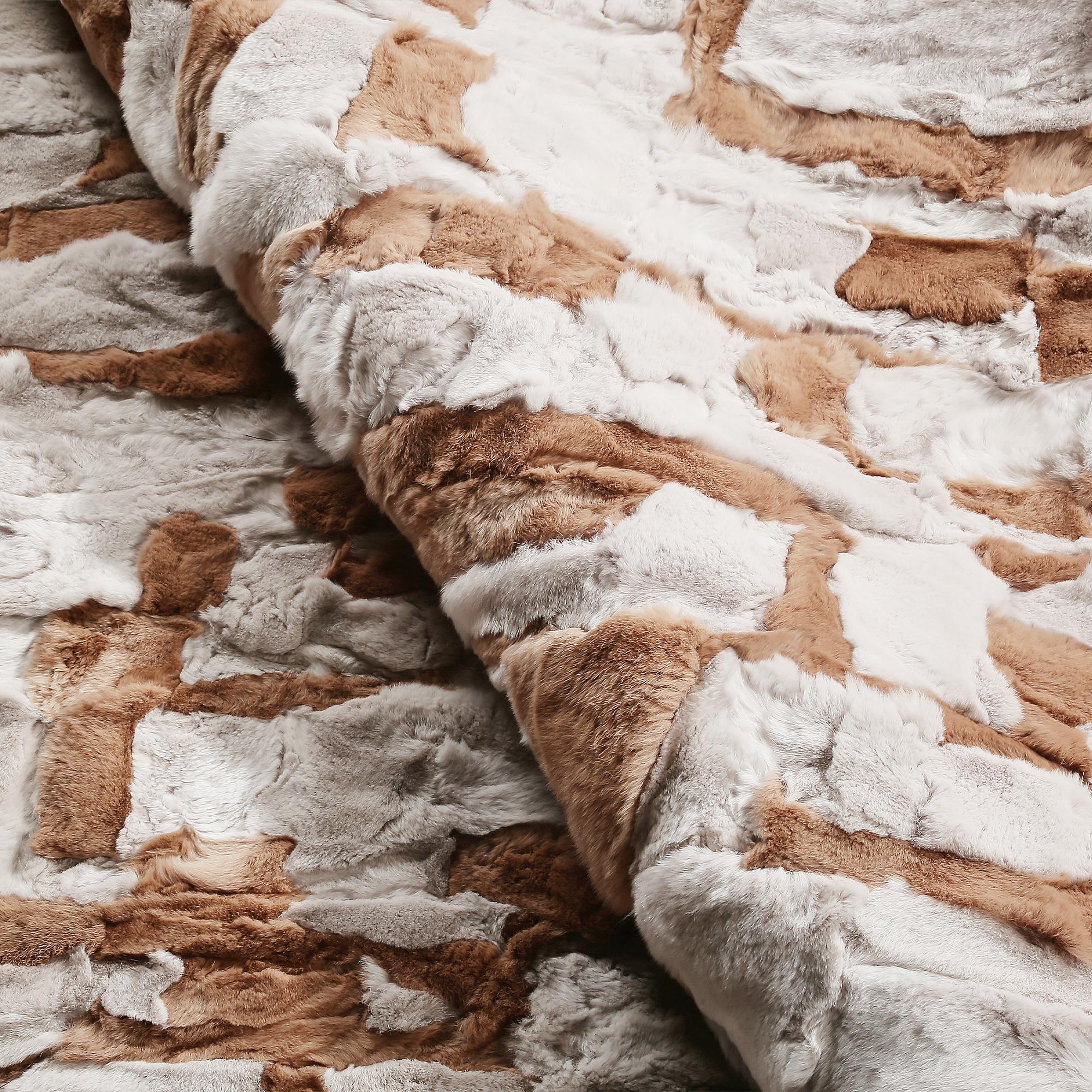 Brown and White Rex Rabbit Fur Rug – Handmade Luxury Soft Fur Carpet, Custom Size Area Carpet