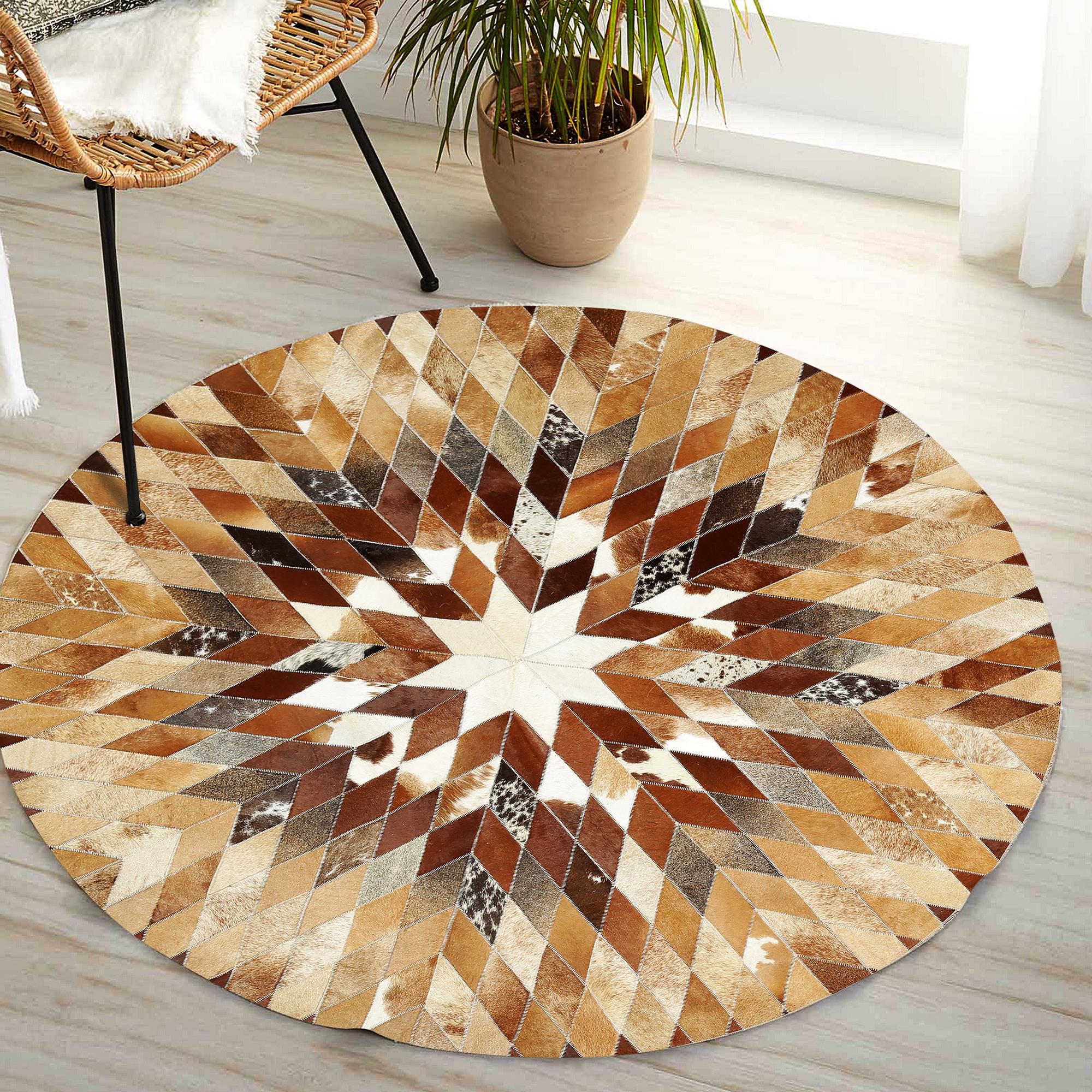 Round Star Cowhide Rug – Brown White Patchwork Leather Circle Carpet, Handmade Genuine Cowhide Rug for Living Room & Rustic Decor