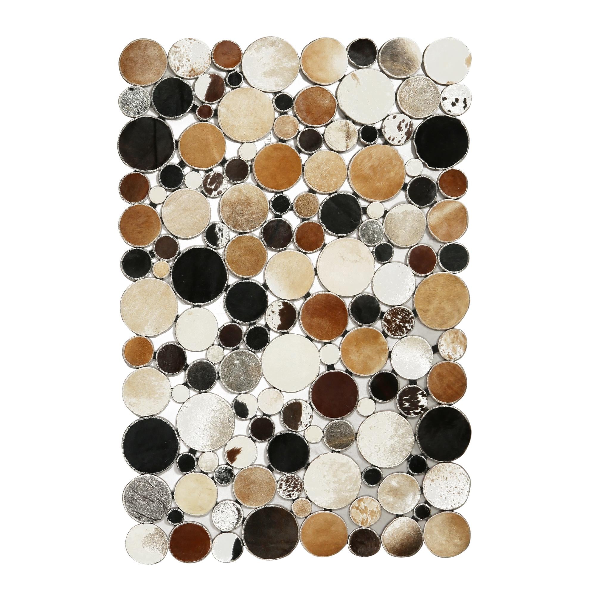 Handmade Patchwork Cowhide Polkadot Rug – Natural Brown, Black & White Genuine Leather Area Carpet