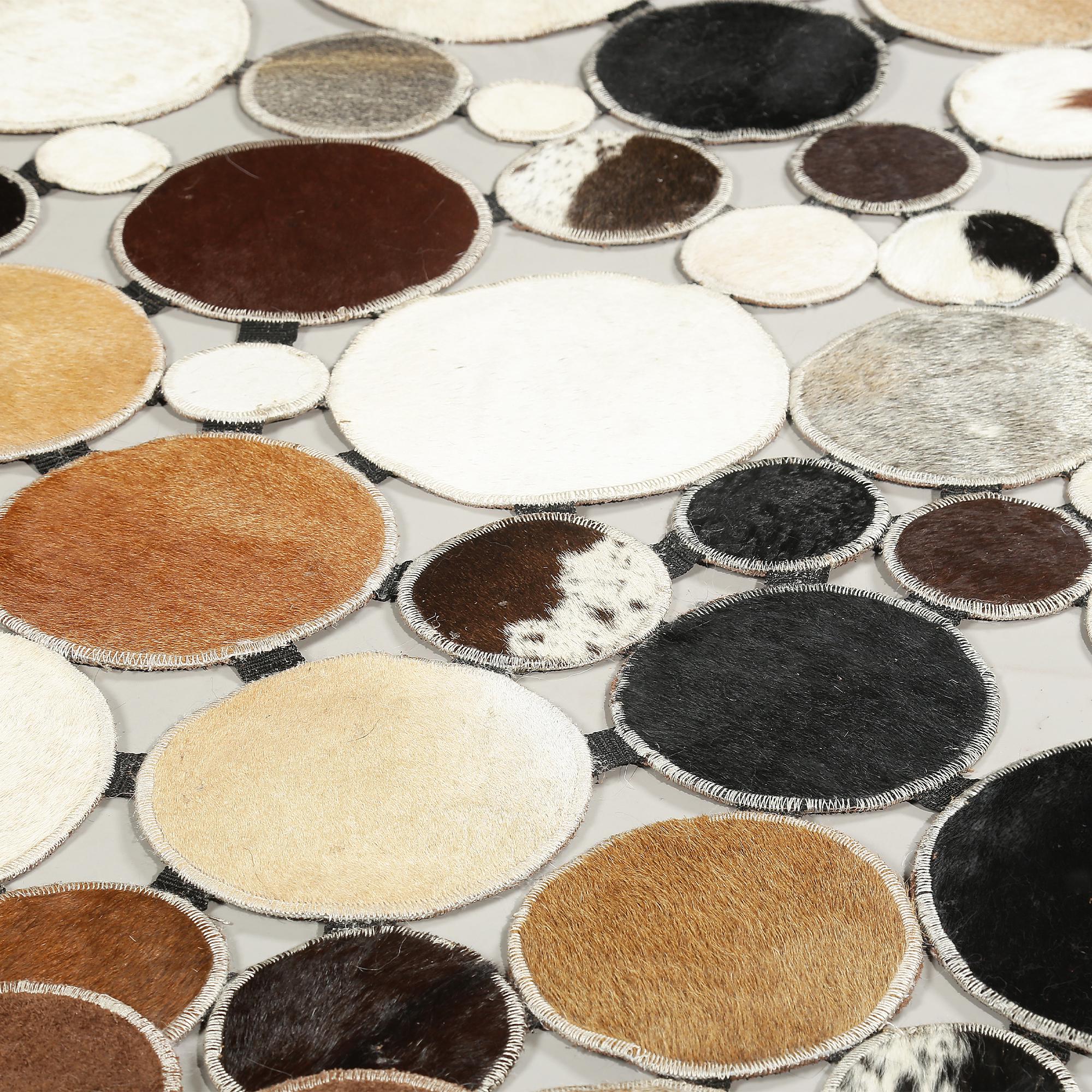Handmade Patchwork Cowhide Polkadot Rug – Natural Brown, Black & White Genuine Leather Area Carpet