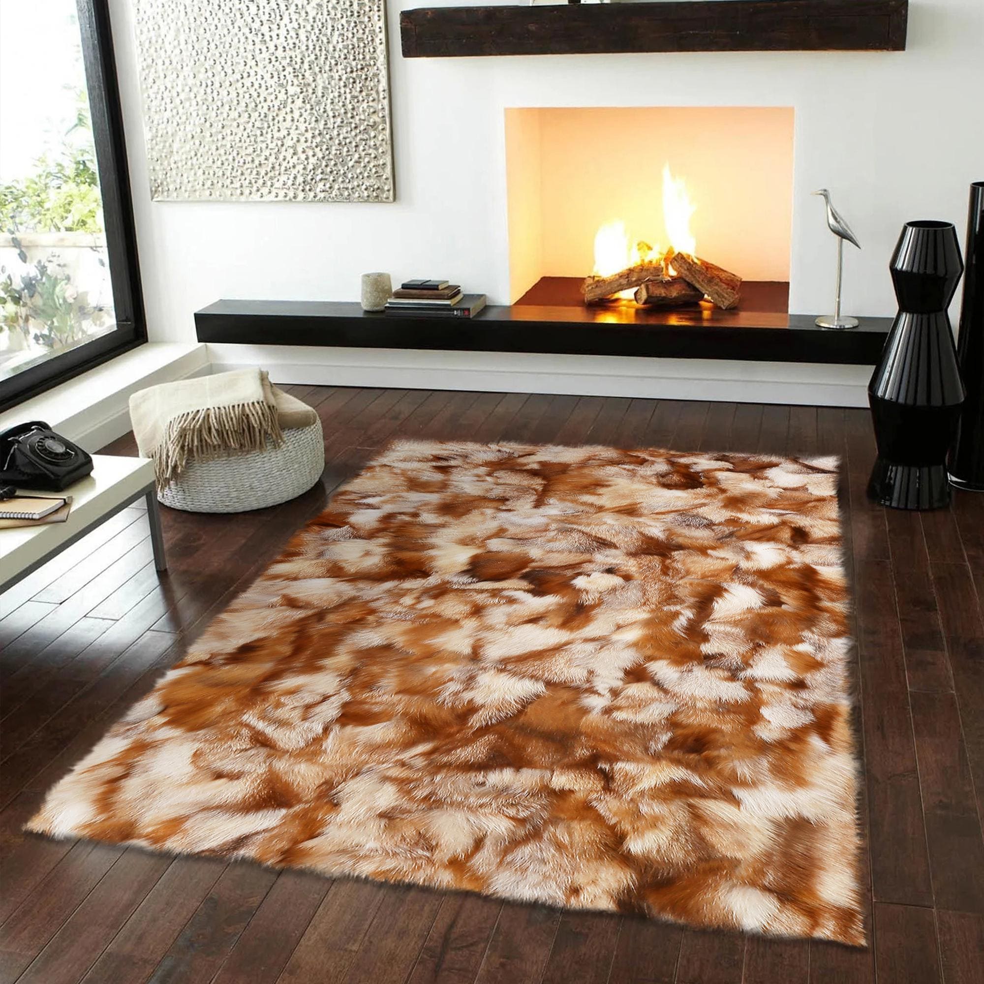 Handmade Red Fox Fur Rug – Luxury Natural Brown and Cream Fur Carpet