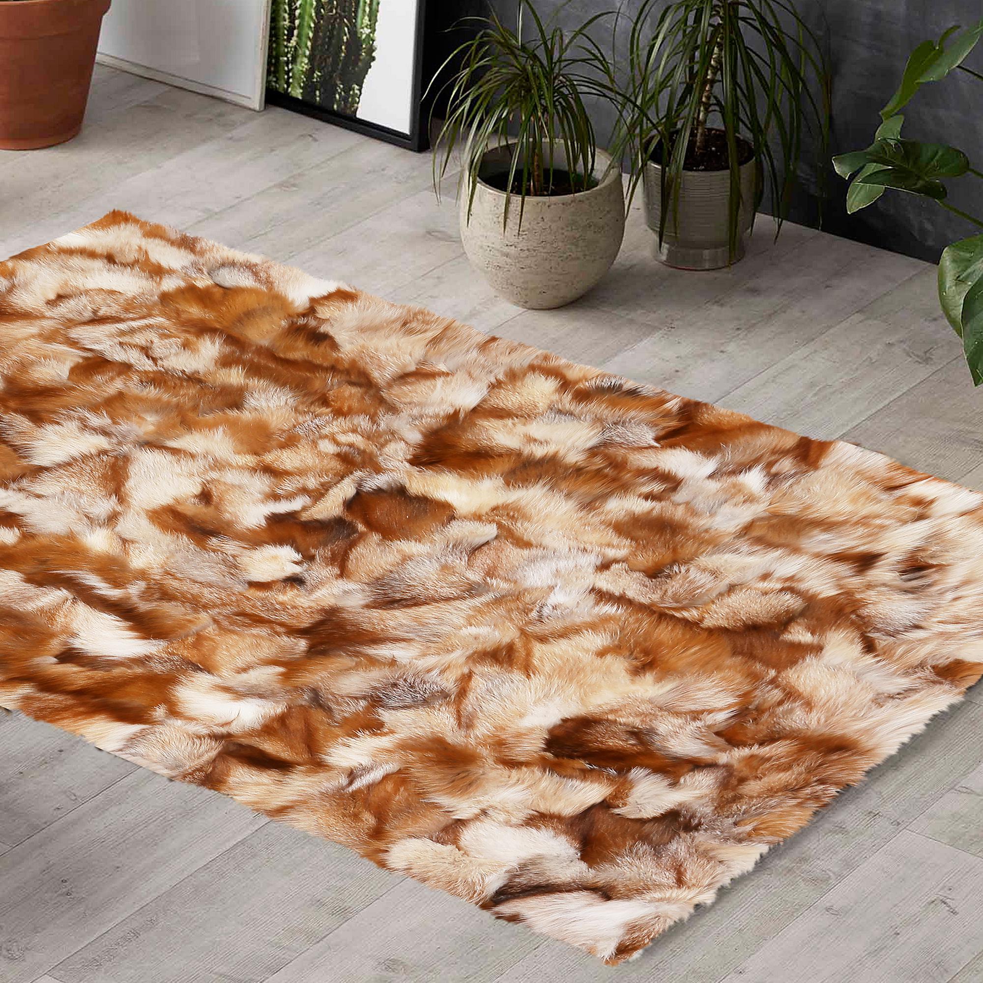 Handmade Red Fox Fur Rug – Luxury Natural Brown and Cream Fur Carpet