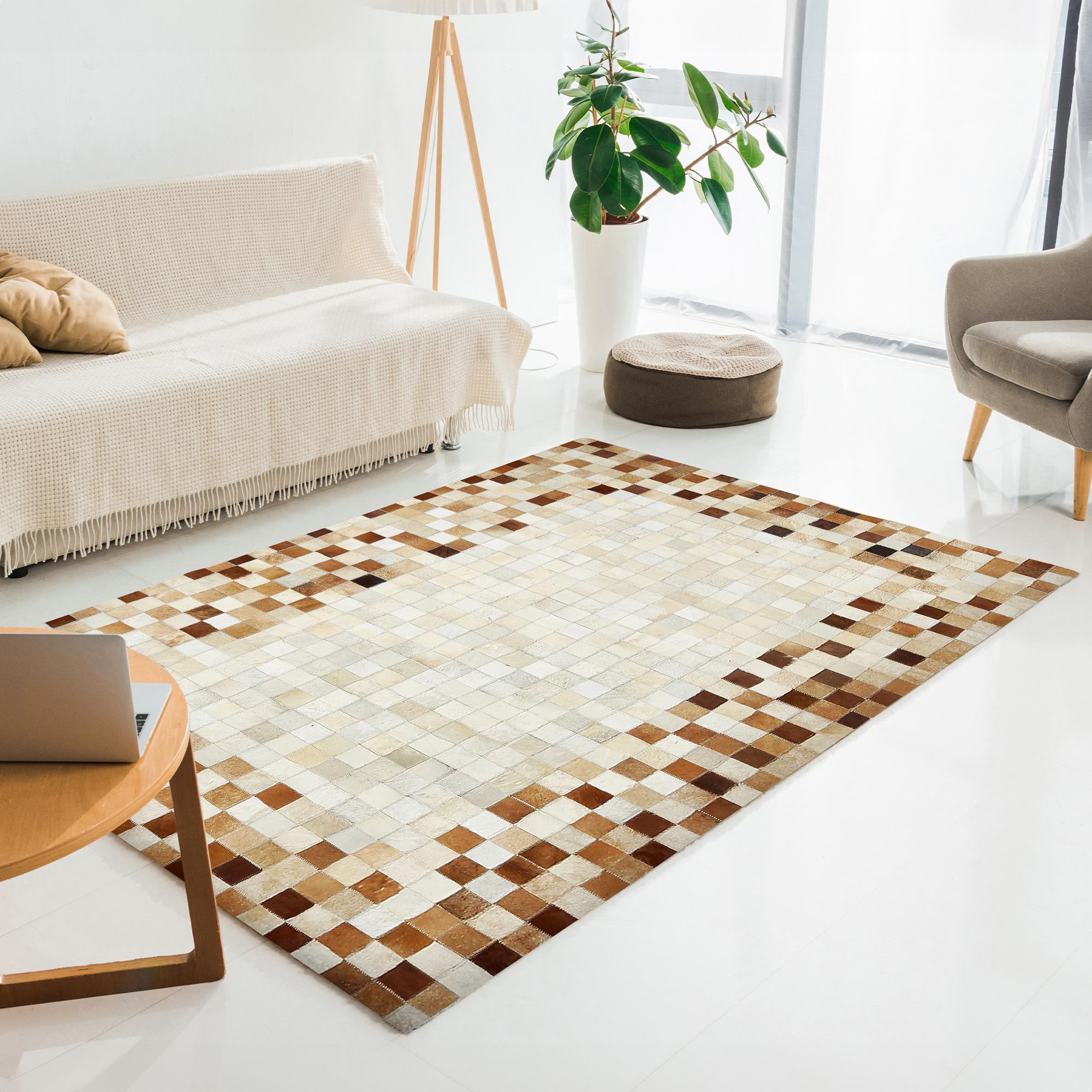 Light Brown Chekered Border & Beige Cowhide Patchwork Rug