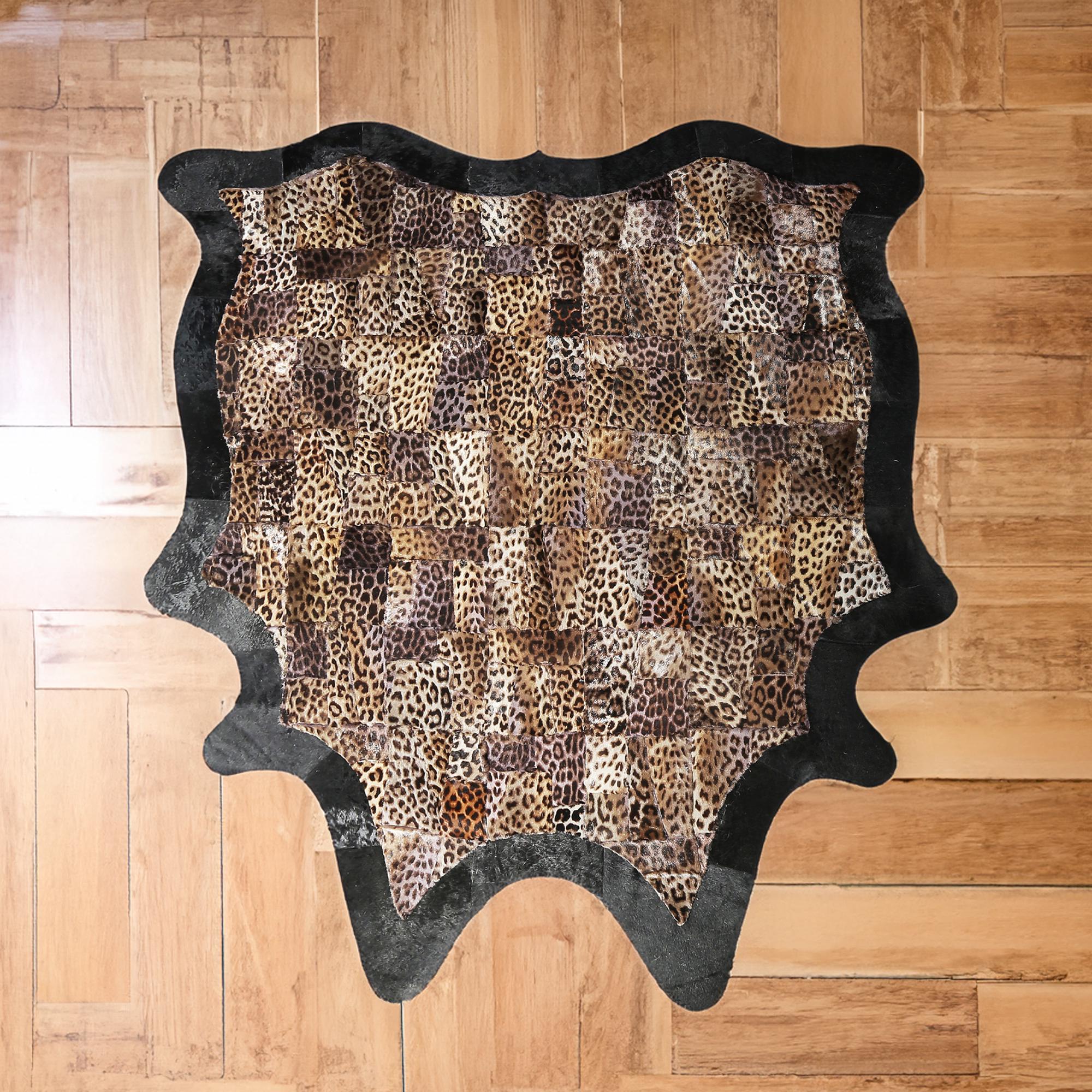 Leopard Print Patchwork Peltry Rug with Black Border 5ft x 6.5ft