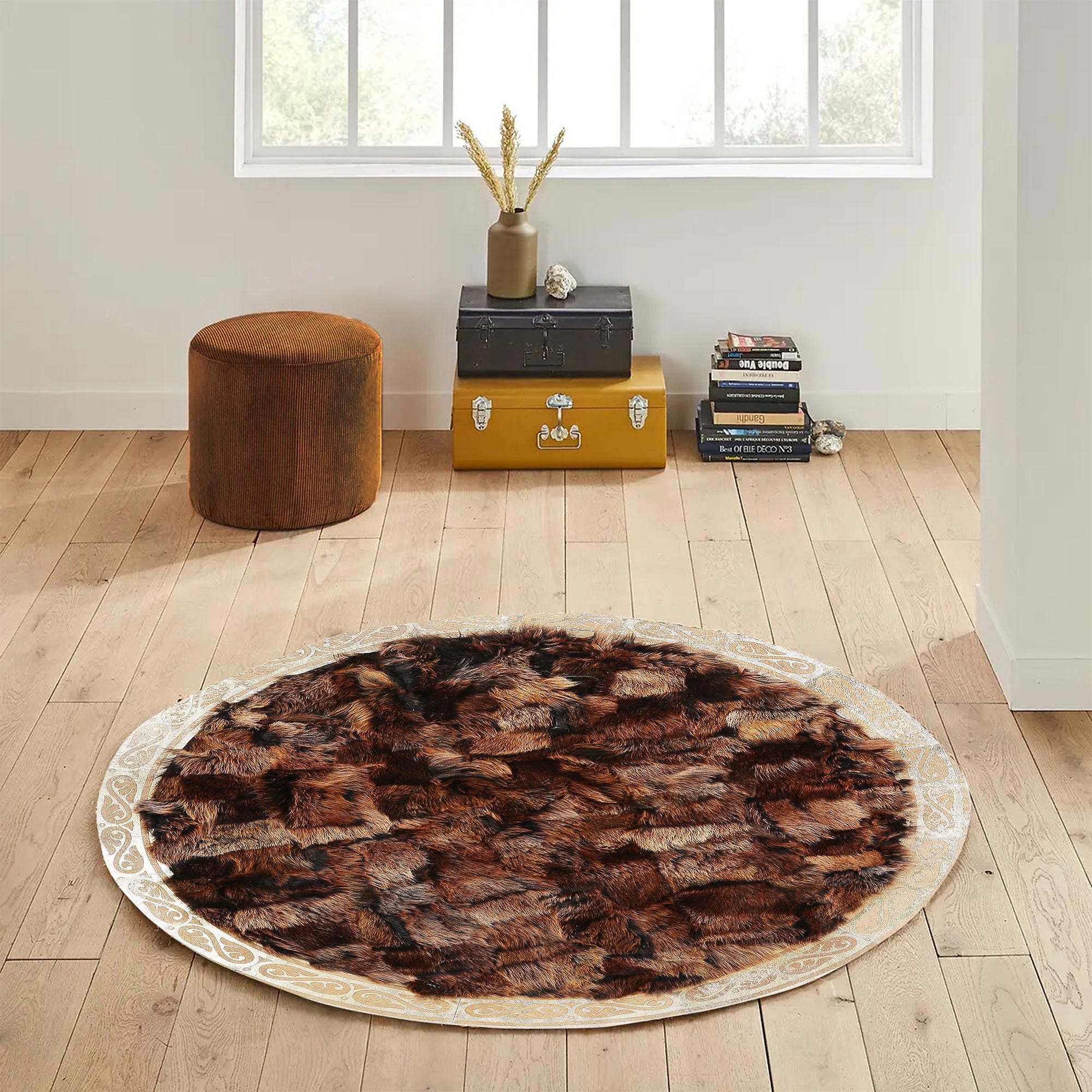 Round Brown Cowhide Rug with Gold Border, Handmade Patchwork Leather Carpet