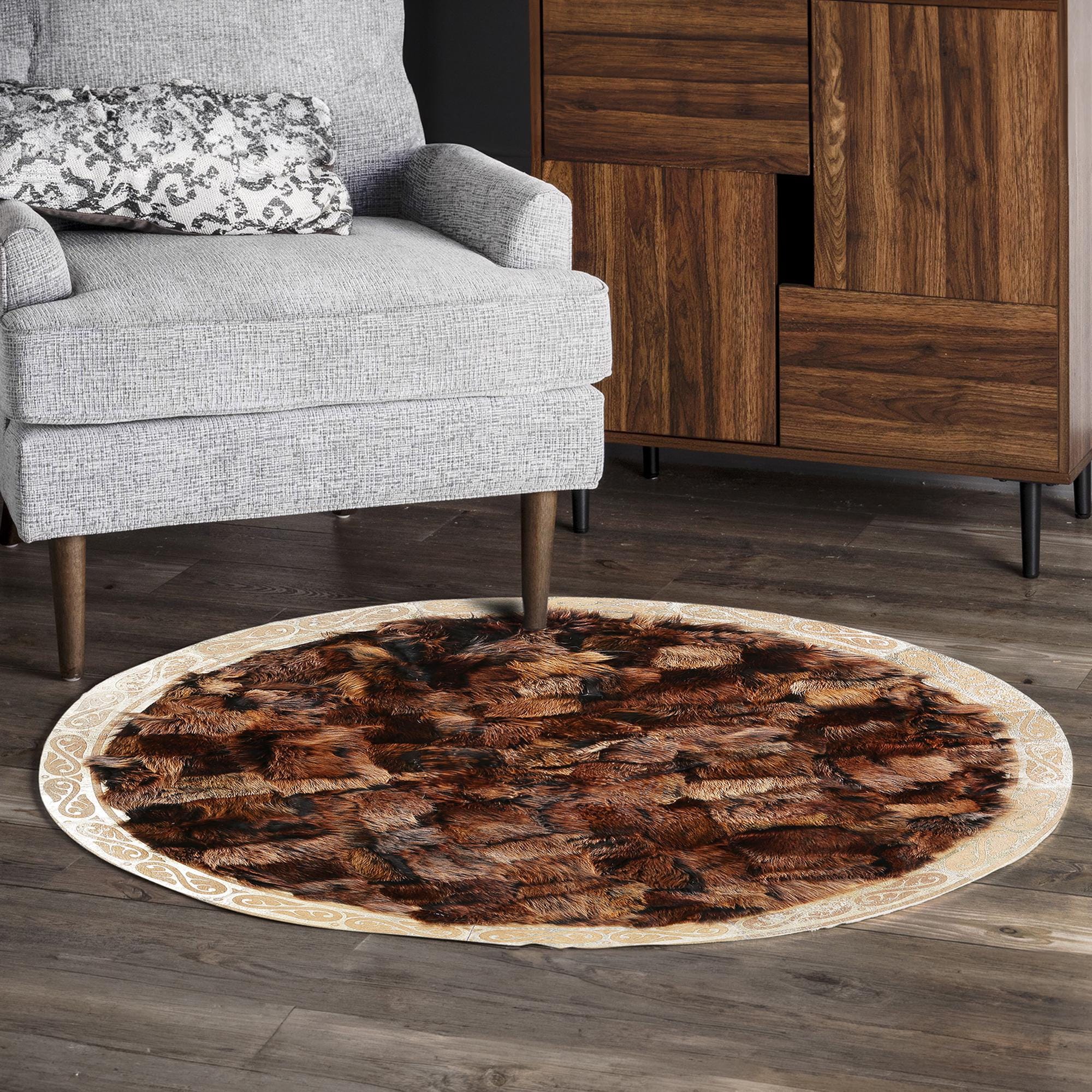 Round Brown Cowhide Rug with Gold Border, Handmade Patchwork Leather Carpet
