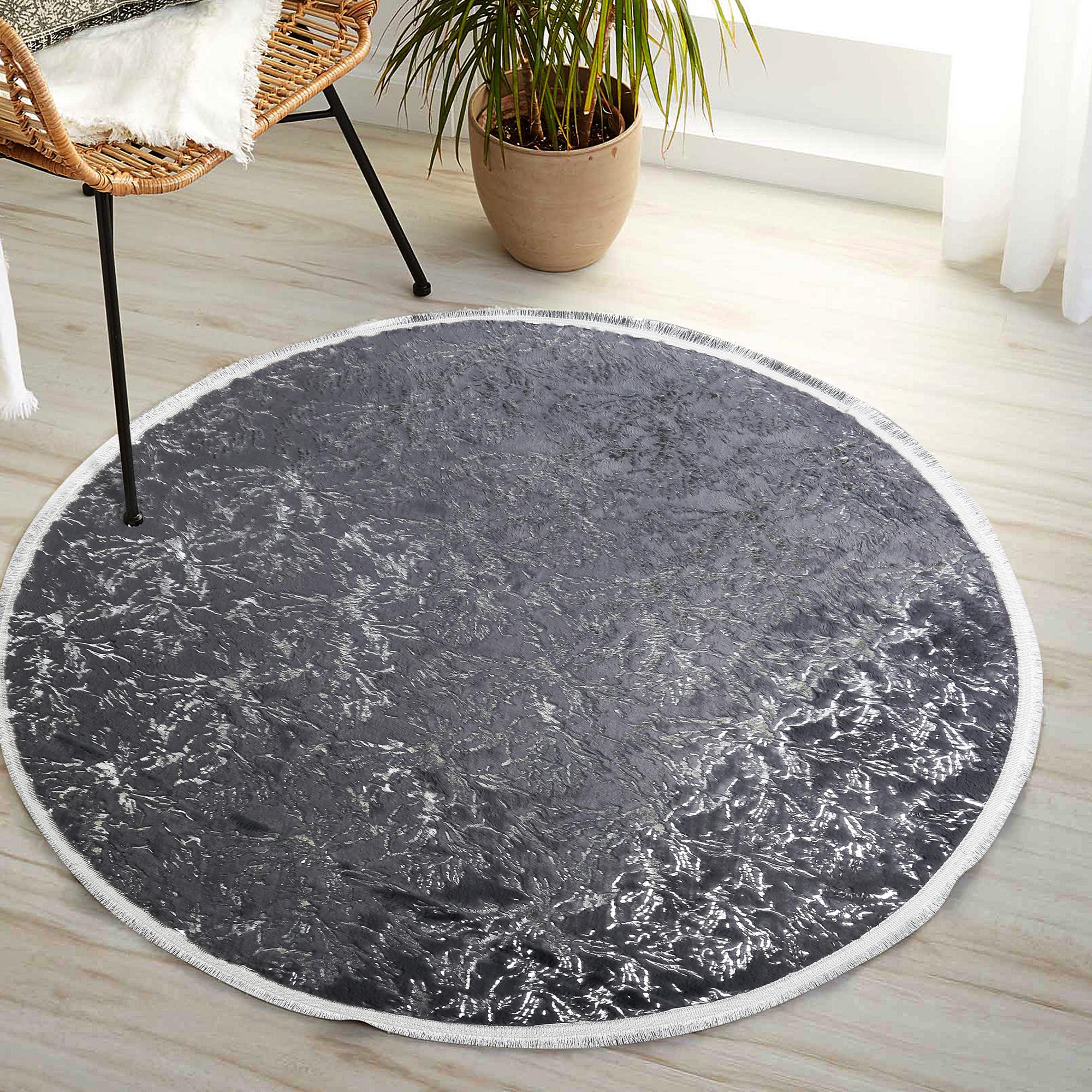 Round Gray Shiny Plush Rug – Soft Circular Area Carpet, Modern Decorative Round Floor Rug, Custom Size Living Room and Bedroom Rug