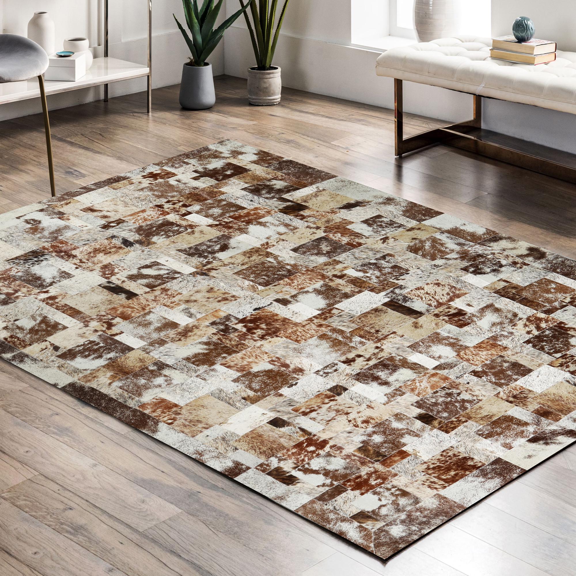 Brown and Beige Cowhide Patchwork Rug