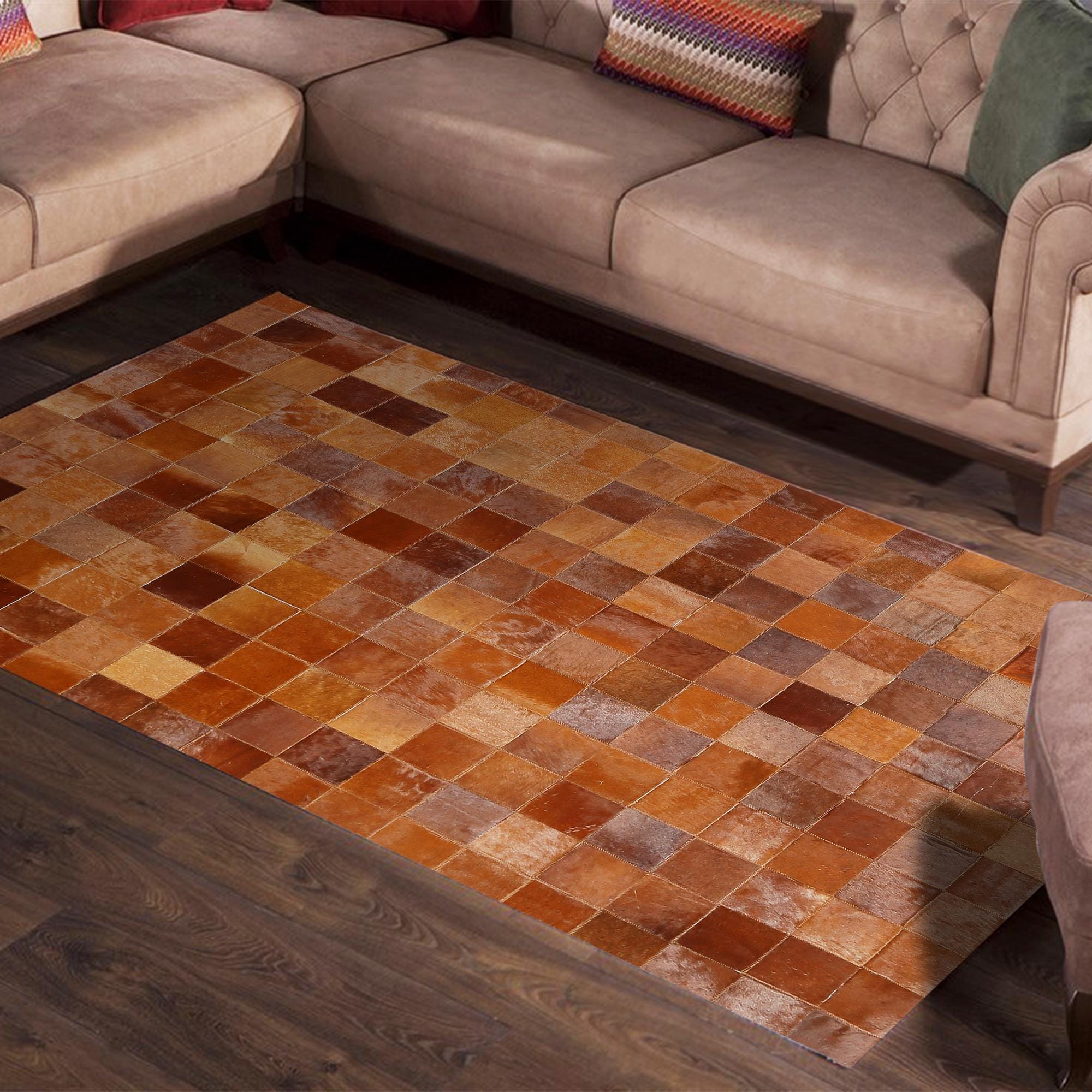 Brick Red Cowhide Patchwork Rug